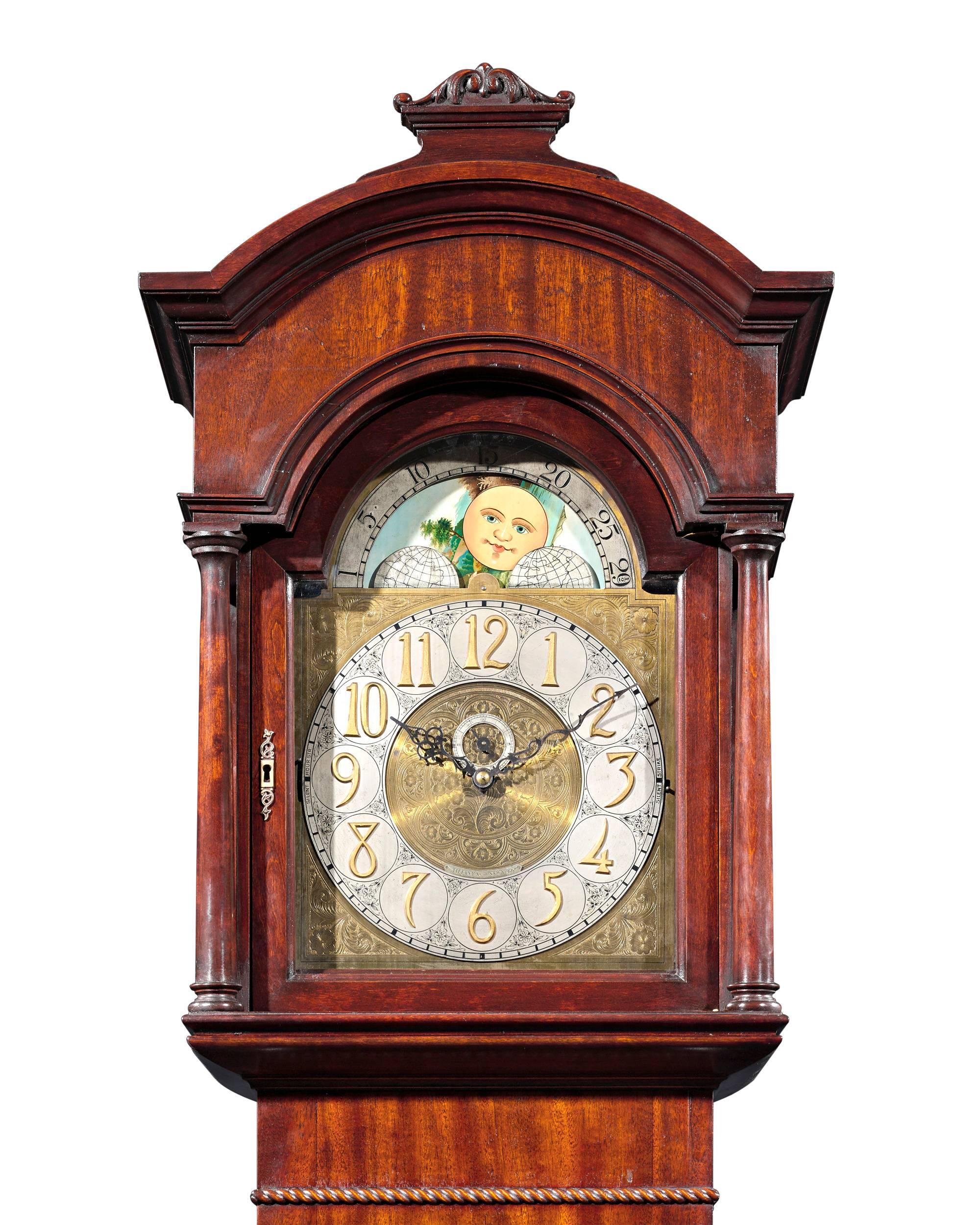 An incredible example of American clock making, this chiming grandfather clock was retailed by Tiffany & Co. of New York. Impressive in its construction, this exceptional timepiece keeps accurate time thanks to three brass weights and a pendulum,