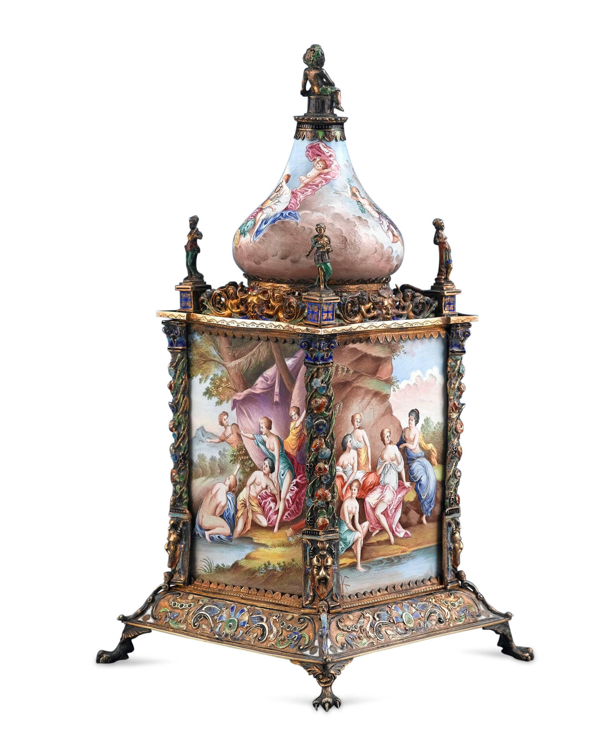 A small yet enormously captivating mantel clock decorated with the finest Viennese enamelwork to come out of the 19th century. A fantastic testament to the skilled artisans of Austria, this clock is decorated in the extremely labor intensive process