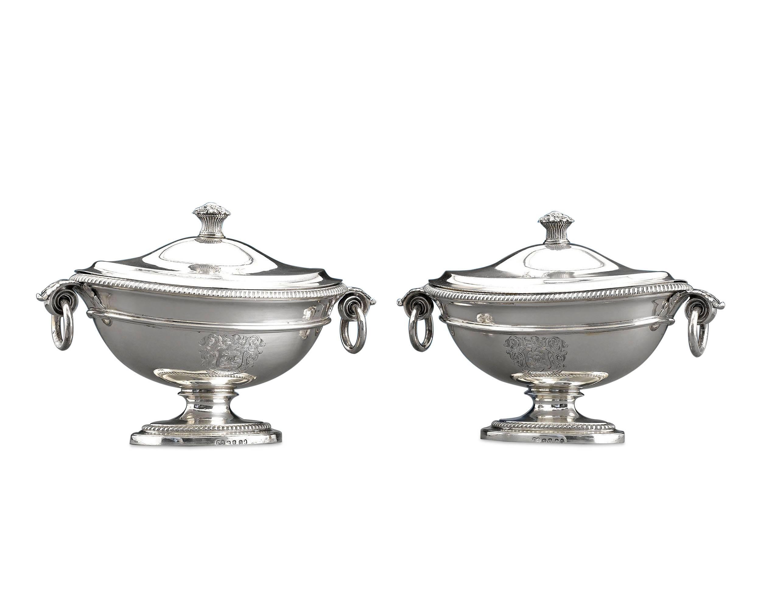 Legendary silversmith Paul Storr showcased his remarkable skill in these elegant covered sauce tureens. Exhibiting a sublime neoclassical design, these dishes are exquisite examples of Storr’s talent for detailed execution, from the delicate fruit
