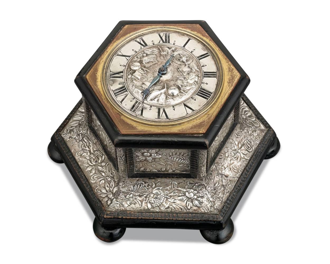 Exceptional beauty and innovation are on display in this rare German Renaissance table clock. Undeniably, some of the finest clocks of the 17th century were produced in the South German town of Augsburg. This clock, crafted by Augsburgian clockmaker