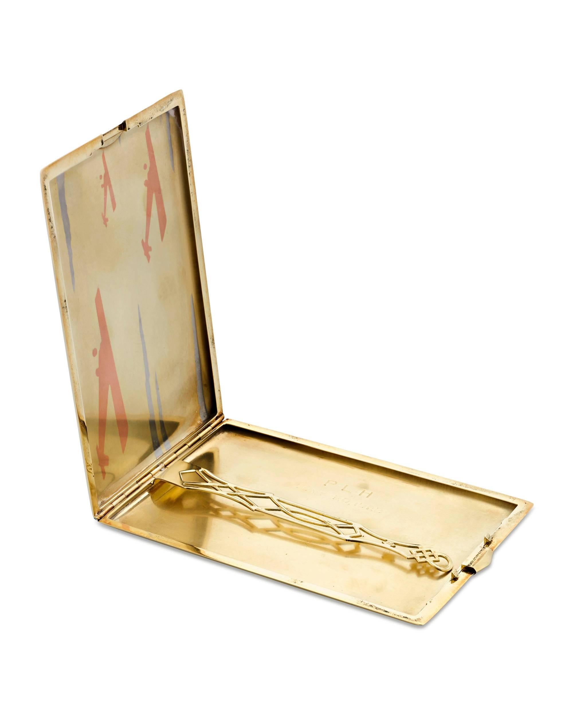 Formed entirely of skilfully worked yellow, rose and white 14-carat gold, this exceptional cigarette case was created by the New York jewelry firm of Black, Starr & Frost. The motif features three rose gold airplanes flying amongst white gold clouds