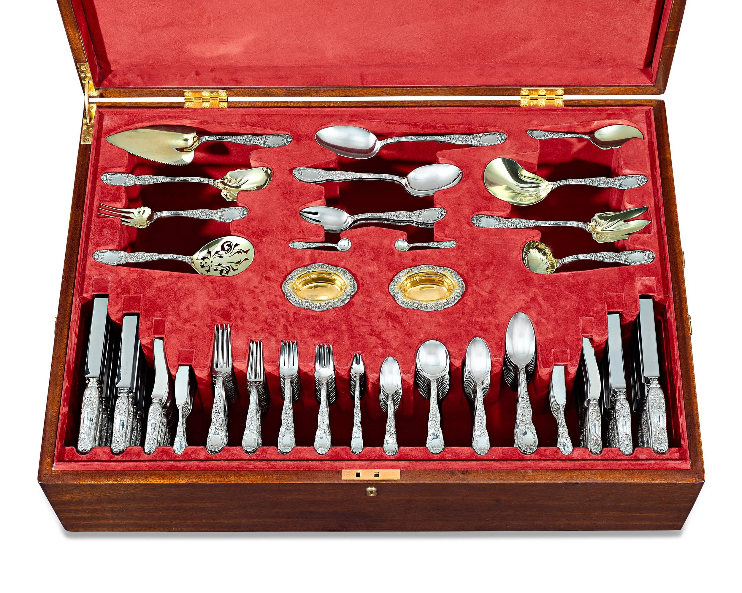 Masterfully crafted in the singular Tiffany & Co. style, this exceptional sterling silver flatware service epitomizes fine dining. The extensive service for 18 is crafted in the Chrysanthemum pattern, the most highly desirable of all of Tiffany’s