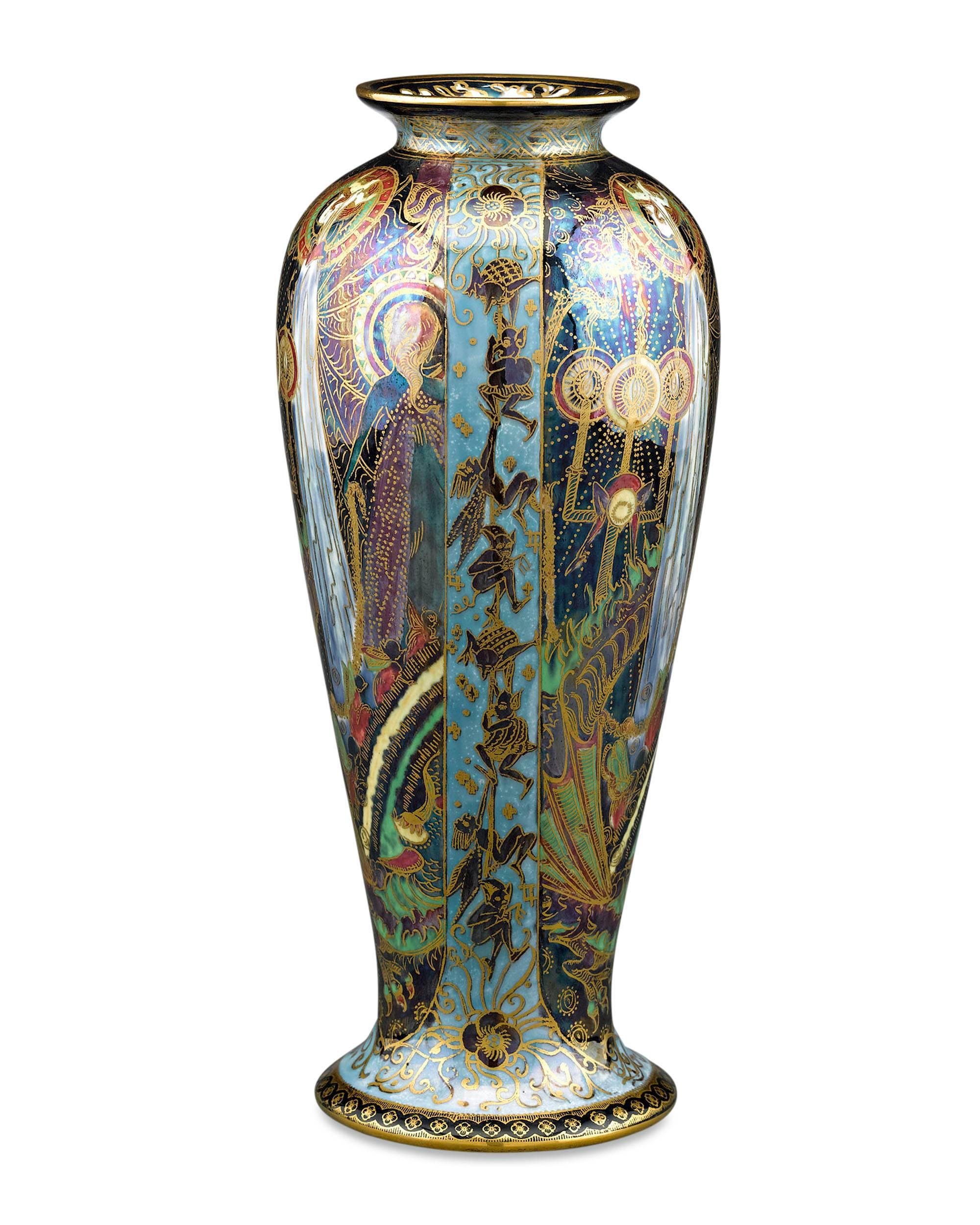 This captivating Fairyland Lustre vase by Wedgwood is crafted in the rare Candlemas pattern by Daisy Makeig-Jones. Though known for her highly imaginative and fanciful patterns, many of Makeig-Jones’ motifs were based on celebrations and folklore