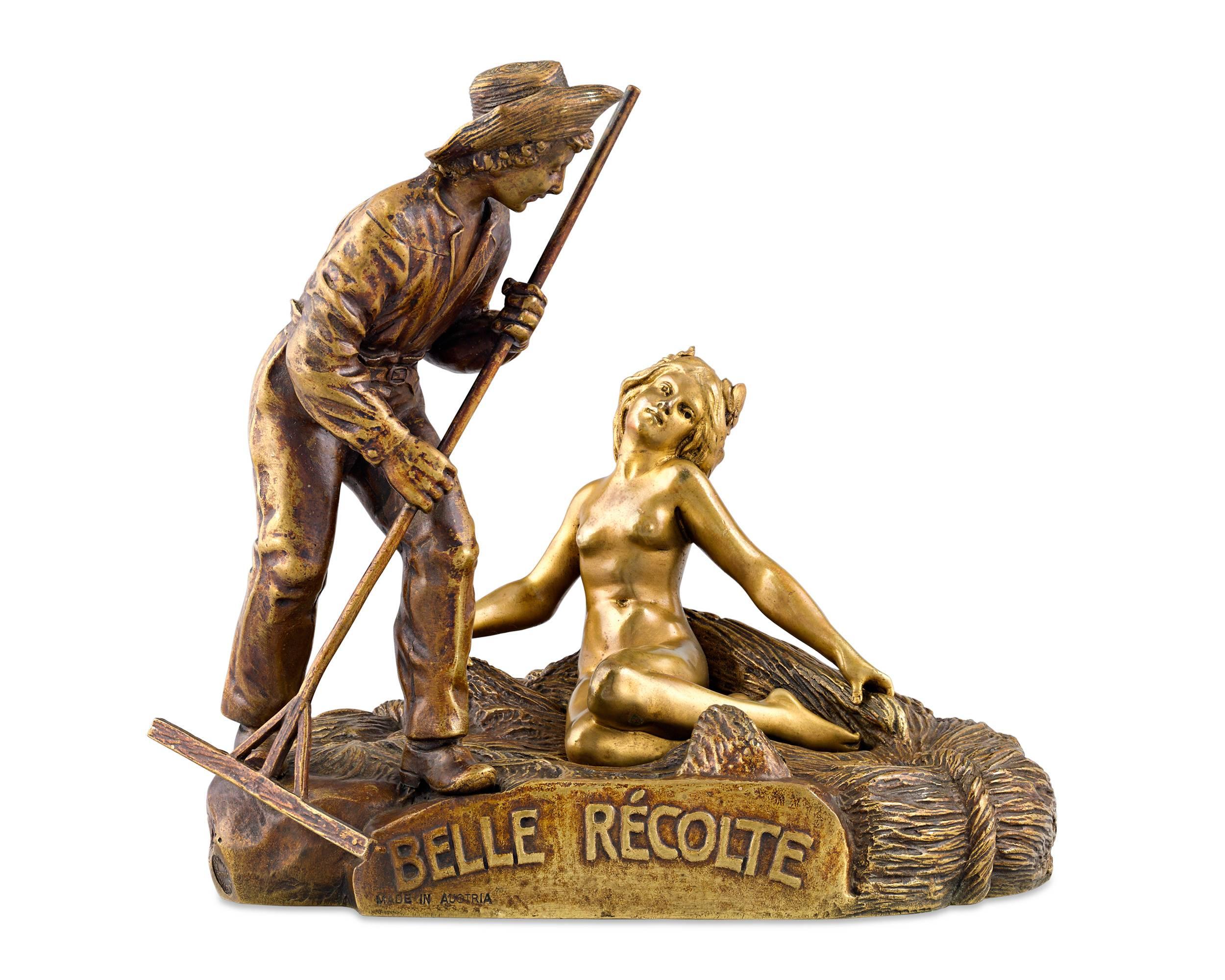 A young man reaping the harvest yields a fruitful surprise in this metamorphic sculpture by Carl Kauba. The engraving on the base, Belle Récolte (Beautiful Harvest), hints at the nude maiden who is hidden beneath the hay. Crafted of patinated and