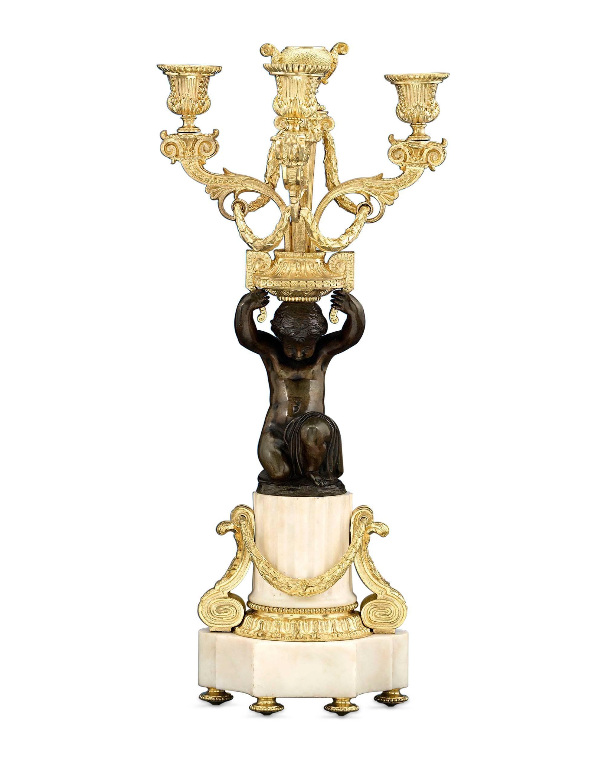 French 18th Century Louis XVI Marble, Ormolu and Patinated Bronze Candelabra 