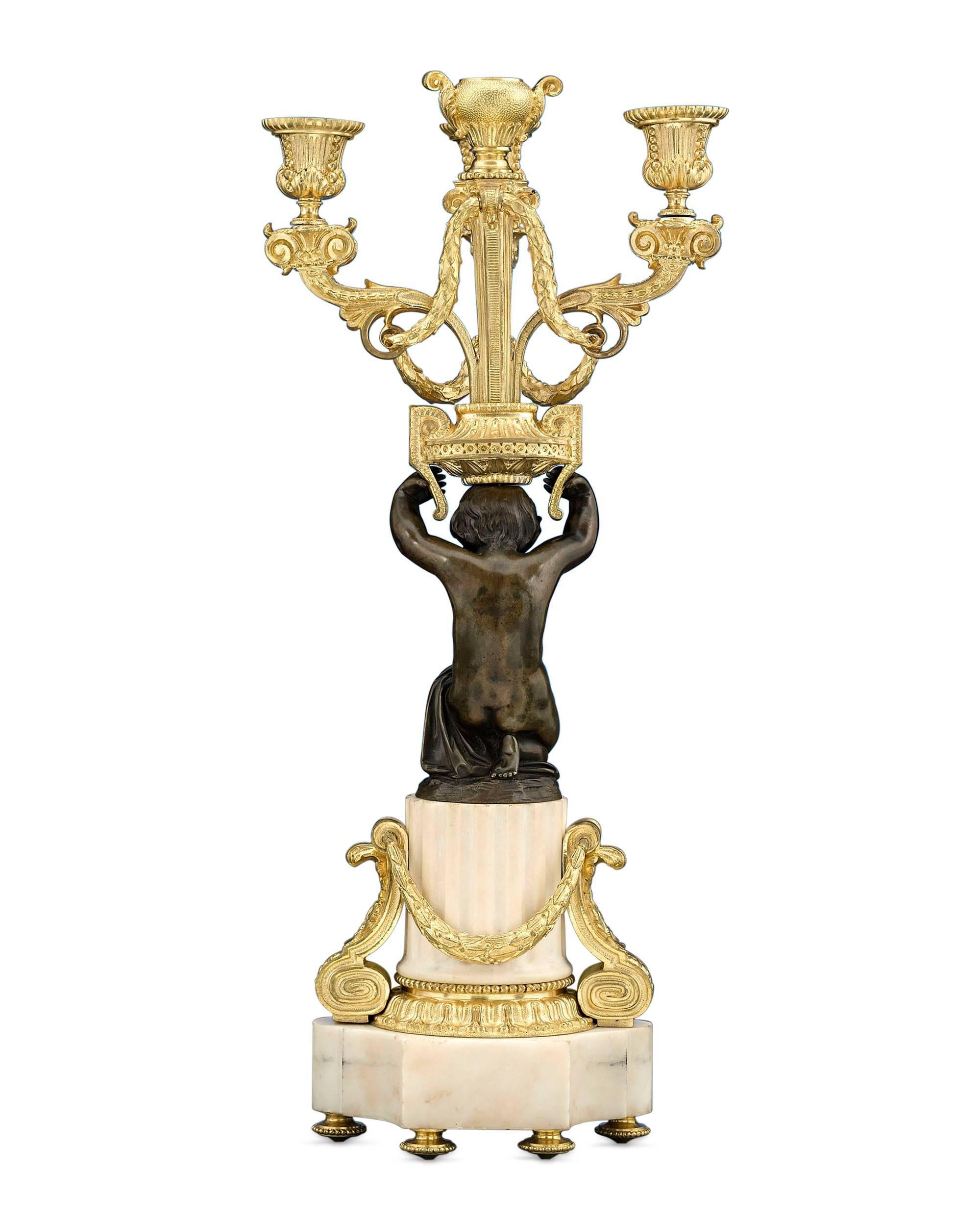 18th Century Louis XVI Marble, Ormolu and Patinated Bronze Candelabra  In Excellent Condition In New Orleans, LA