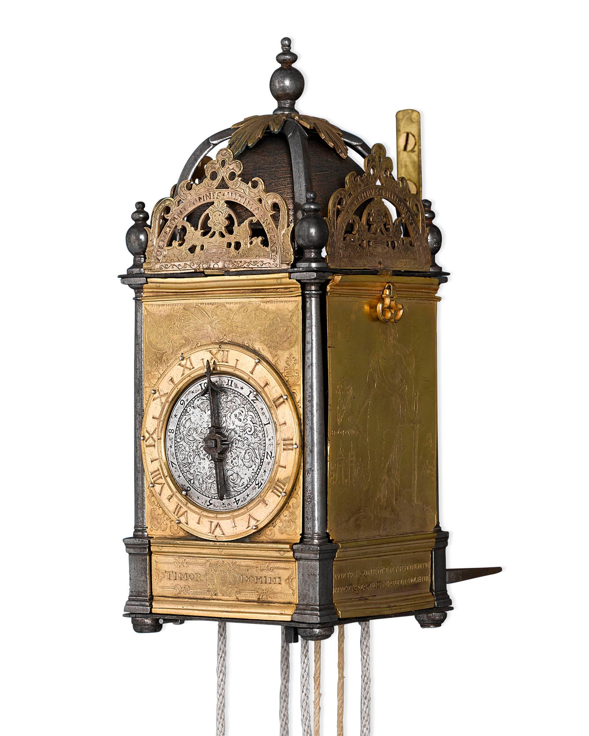 This immensely rare Renaissance turret wall clock was once part of the Time Museum's collection in Rockford, Illinois. This incredible weight-driven piece is encased in firegilt brass, featuring exceptional figural engravings of the Old Testament