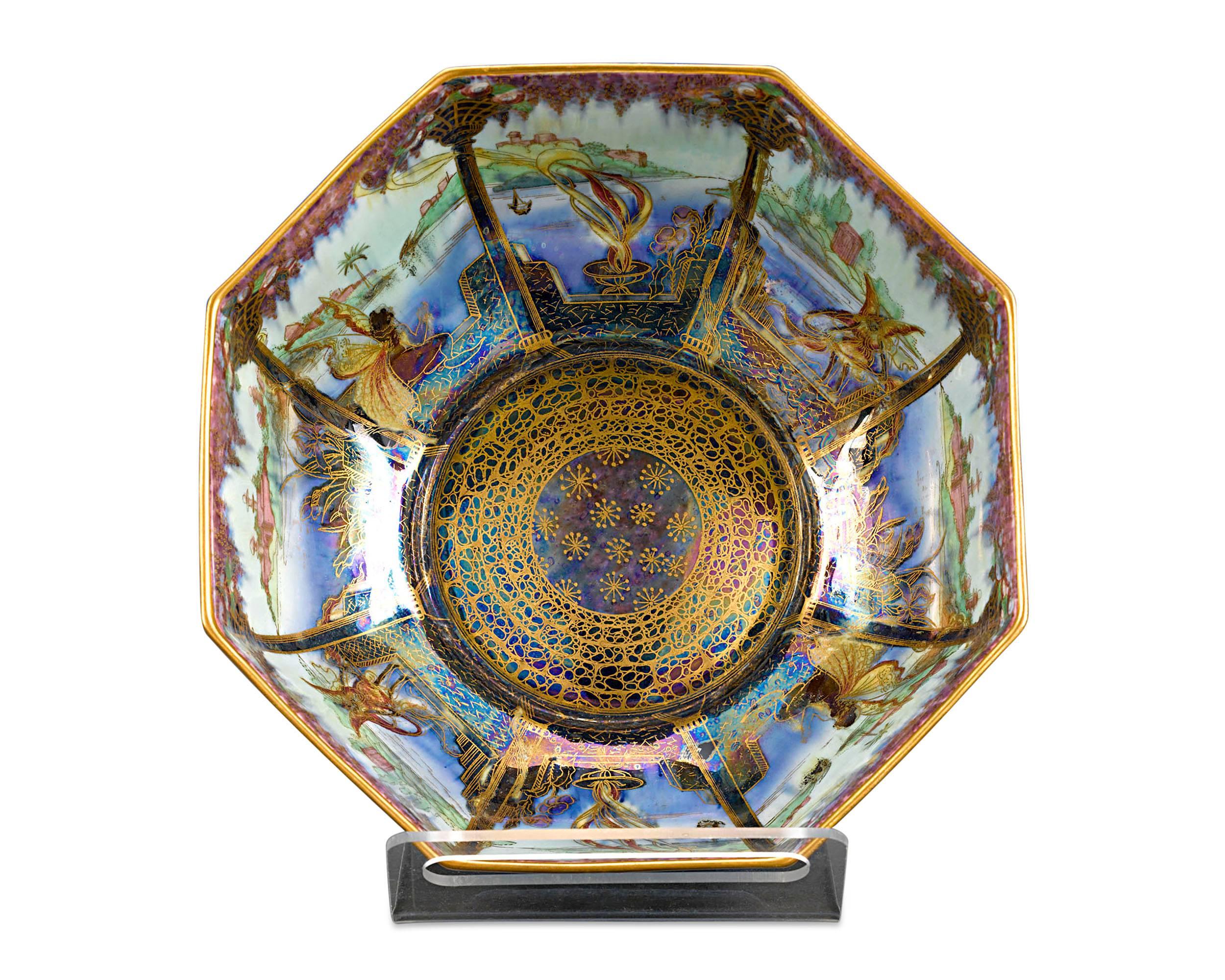 The exotic beauty of Wedgwood Fairyland Lustre is exemplified in this captivating octagonal bowl. Displaying the fantastical creativity for which Fairyland Lustre is so robustly collected, this magnificent bowl exhibits the stunning Moorish pattern