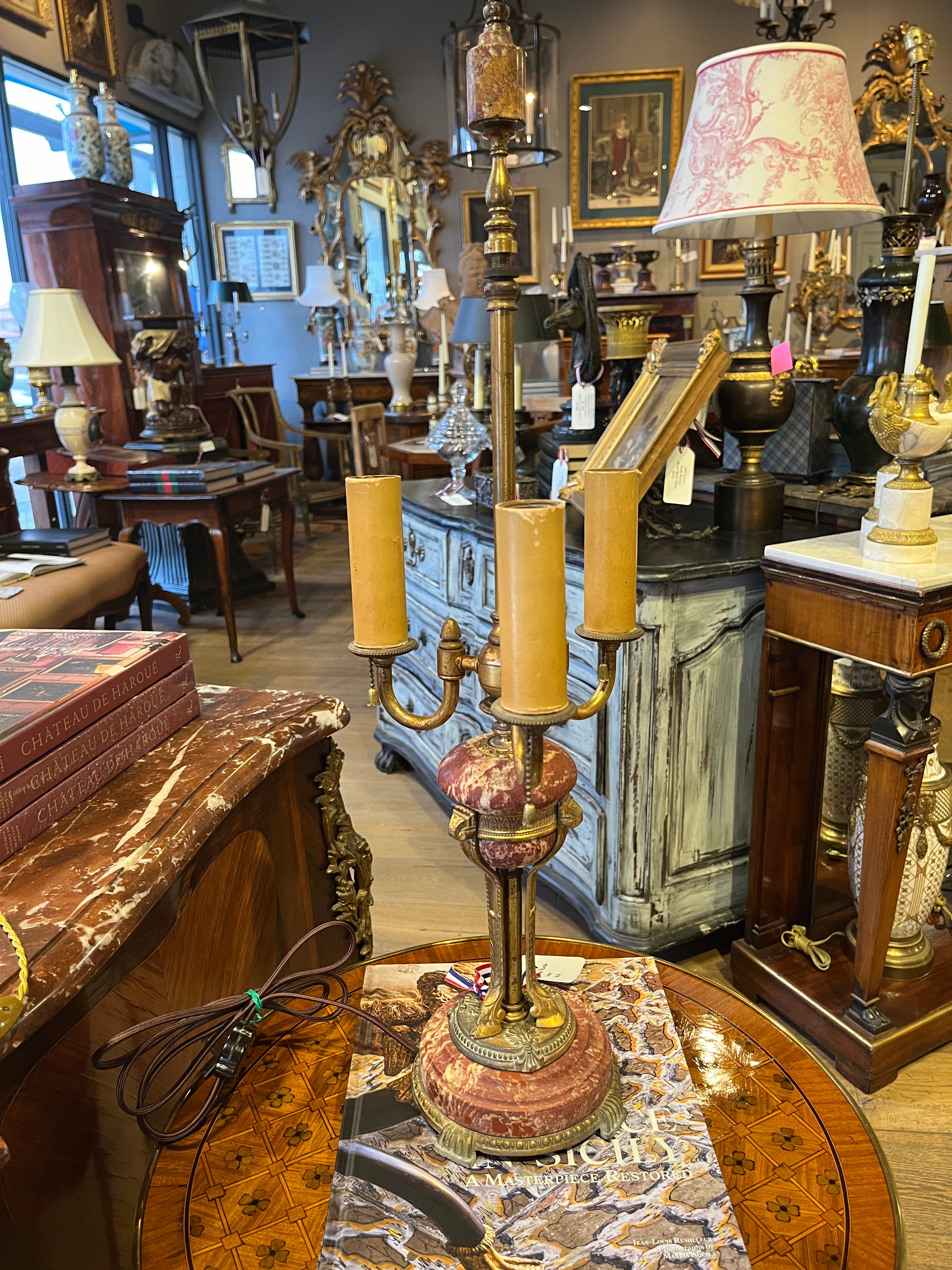 Antique French Ormalu & Rouge Marble Lamp