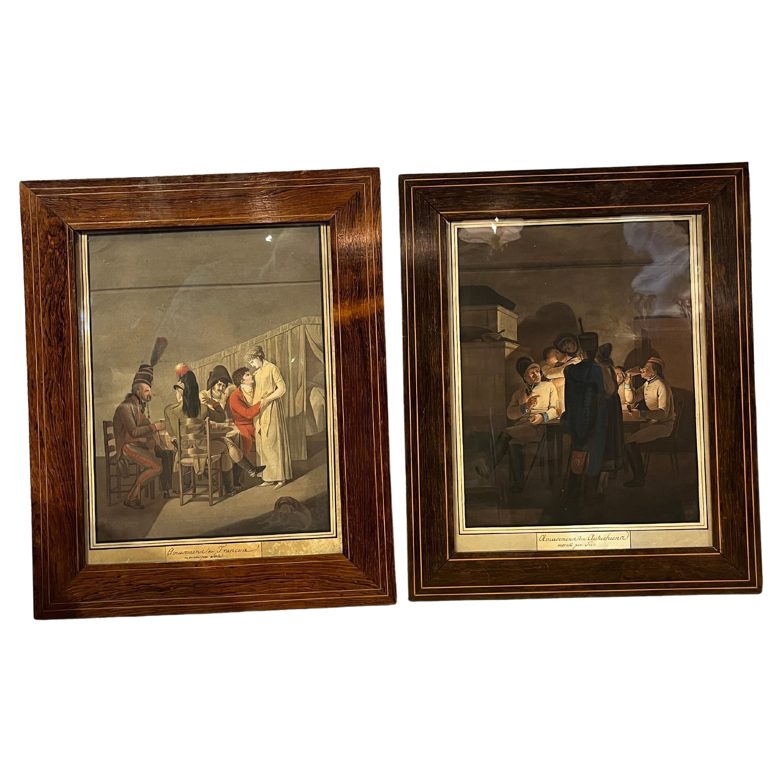 C1830. Paire de gravures françaises colorées amusantes de François