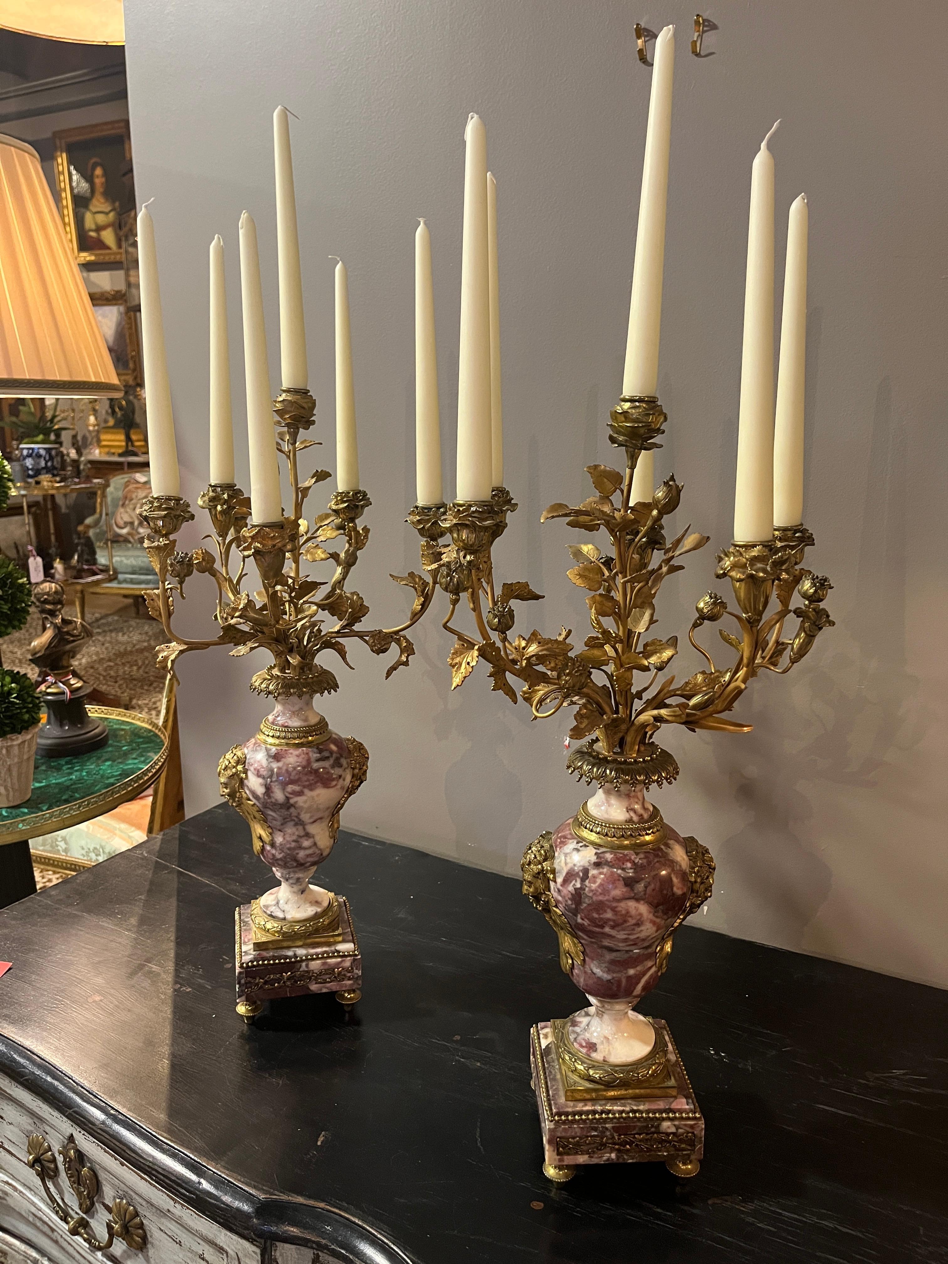 19th Century Pair Early French Violette Marble & Ormolu Candelabra. Beautiful pair purchased in France. 

Age appropriate wear, see detailed photos or message us with questions. There are 3 missing pieces of gilded applique - 2 on one piece - and 1