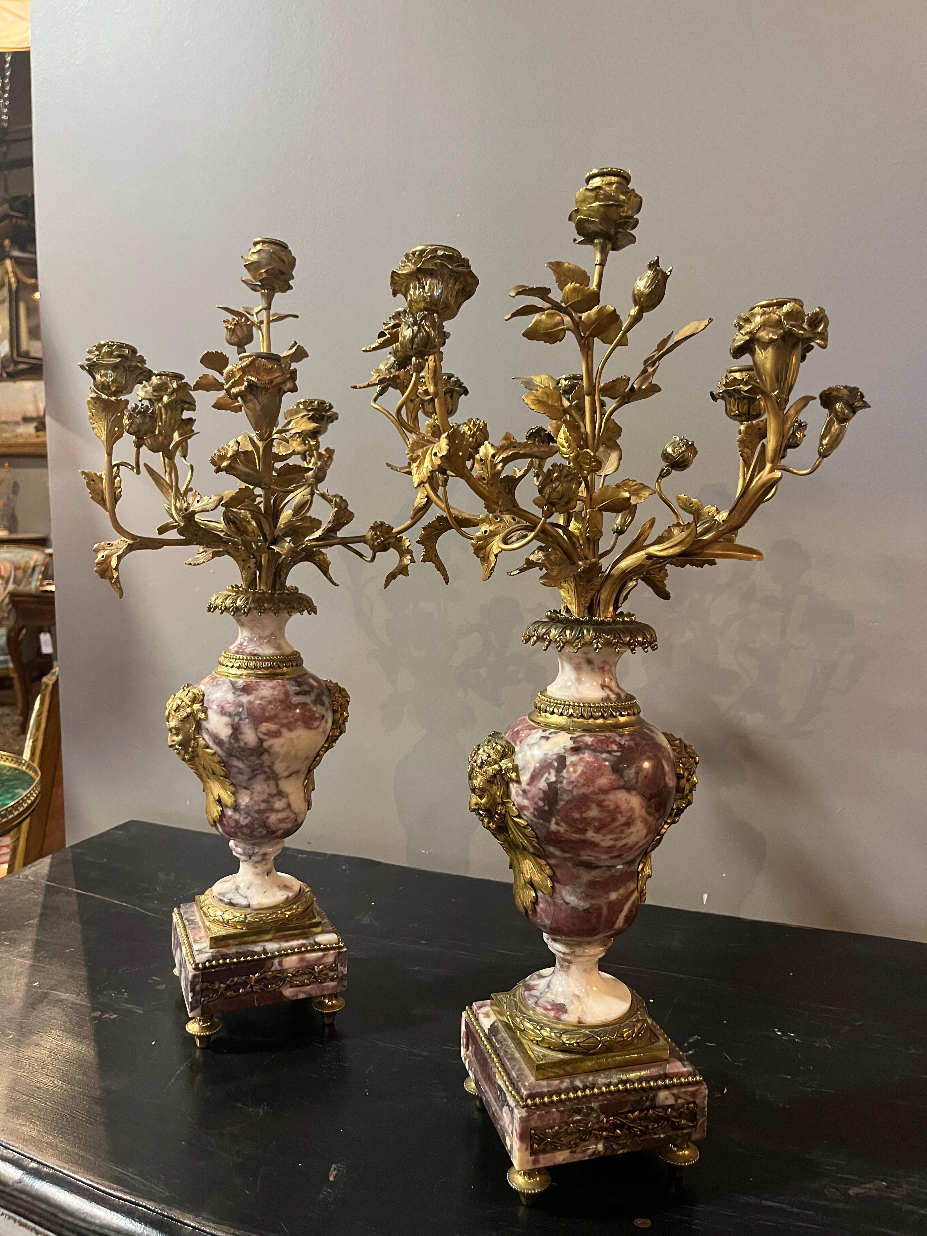 Louis XV 19th Century Pair Early French Violette Marble & Ormolu Candelabra For Sale
