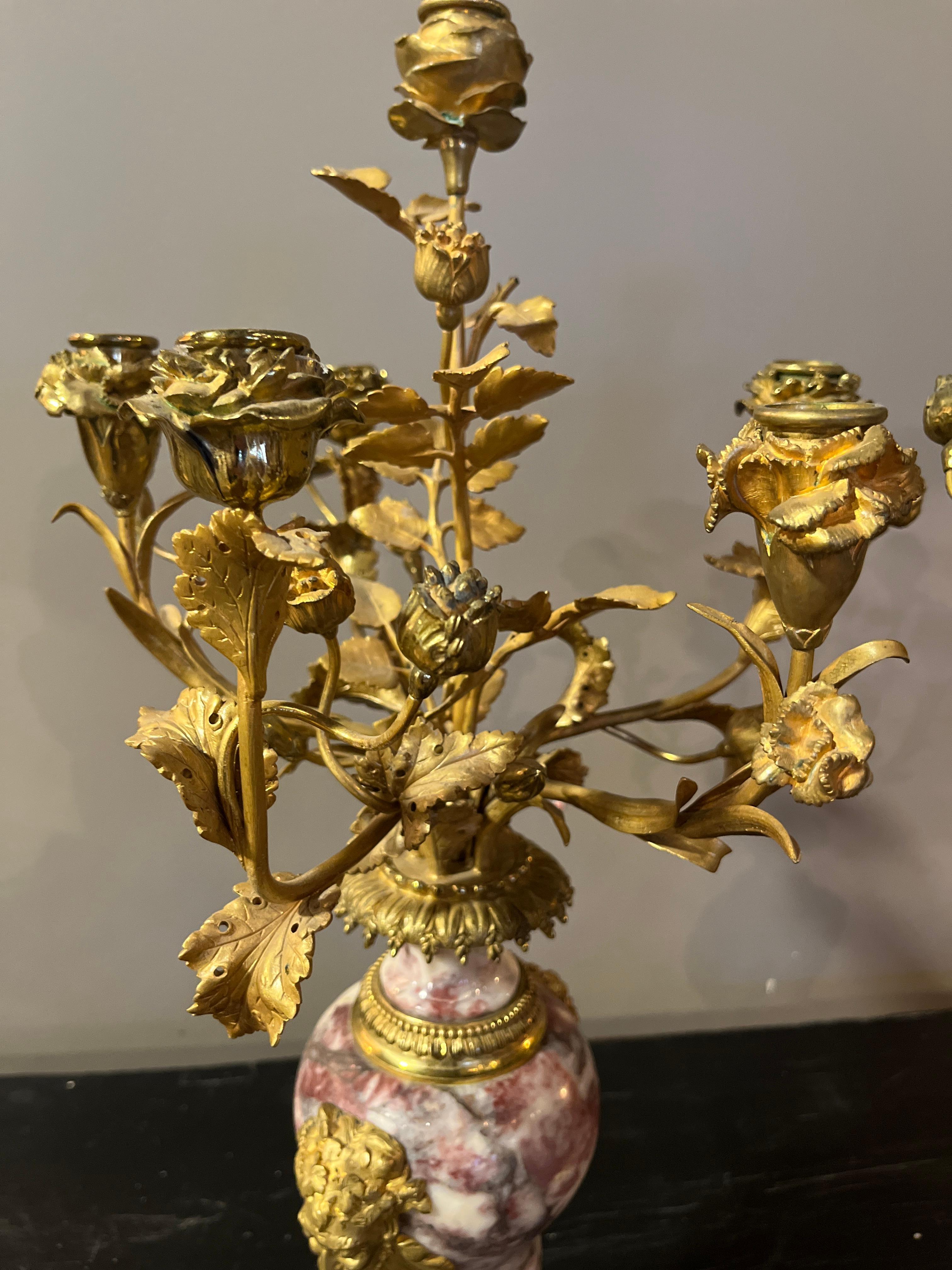 19th Century Pair Early French Violette Marble & Ormolu Candelabra For Sale 1