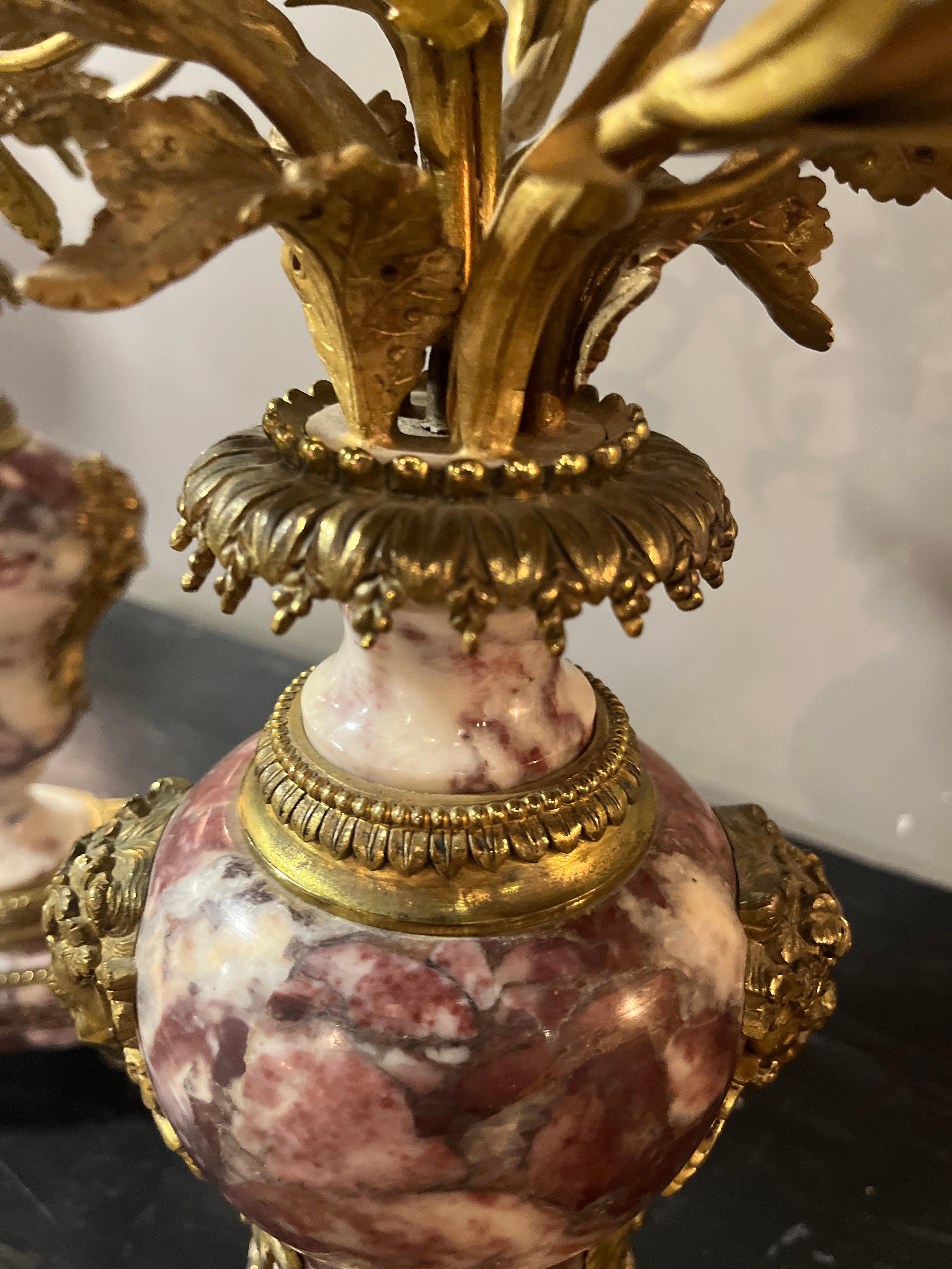 19th Century Pair Early French Violette Marble & Ormolu Candelabra For Sale 5