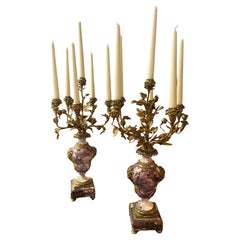 19th Century Pair Early French Violette Marble & Ormolu Candelabra