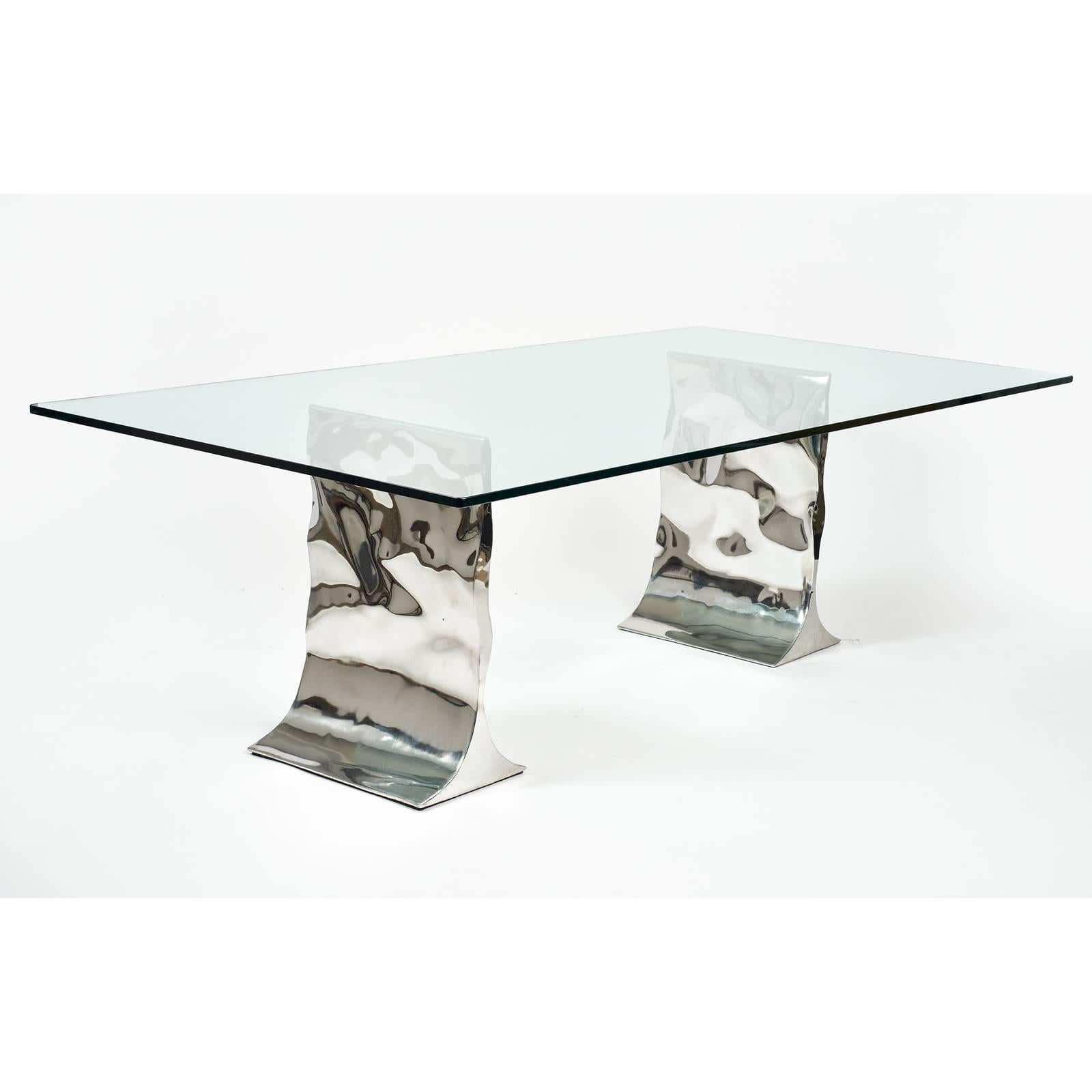 Chrome Stunning Polished Metal Silas Seandel Dining Table Signed, circa 1983