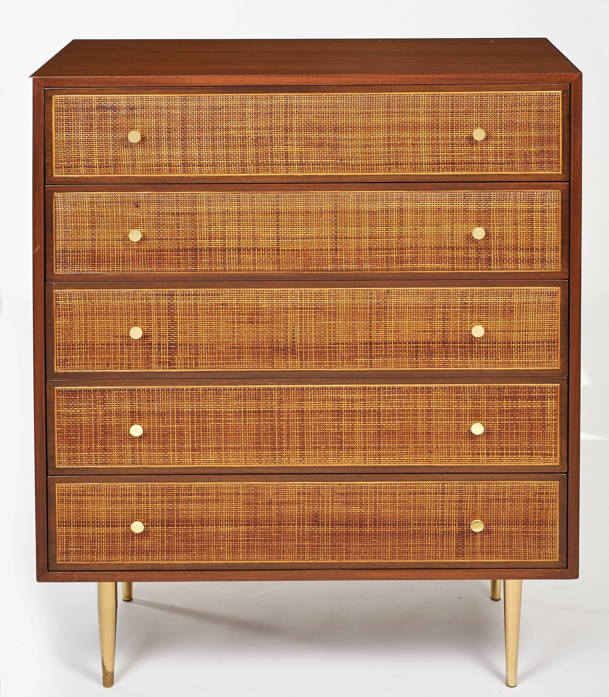 You are viewing an exceptional and classy 1950s gentleman's chest. The piece was acquired from a Westchester, NY estate. The woven/cane front, brass pulls, legs and the wood grain are in great condition. The finish on the outside as well as the