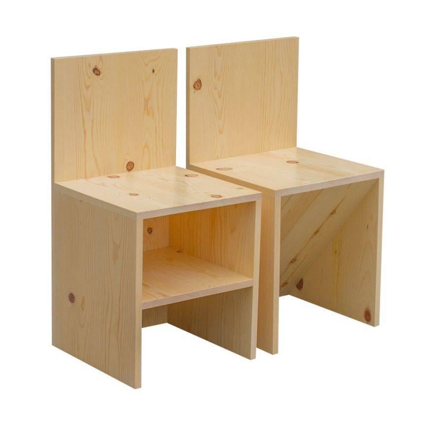 Chair (bvb 84/85)
designed 1991/fabricated now
available in hardwoods, plywood’s, and pine
ten designs available
Measures: 30 x 15 x 15 inches, each
stamped and numbered by Judd Furniture 

Donald Judd’s furniture is some of the most