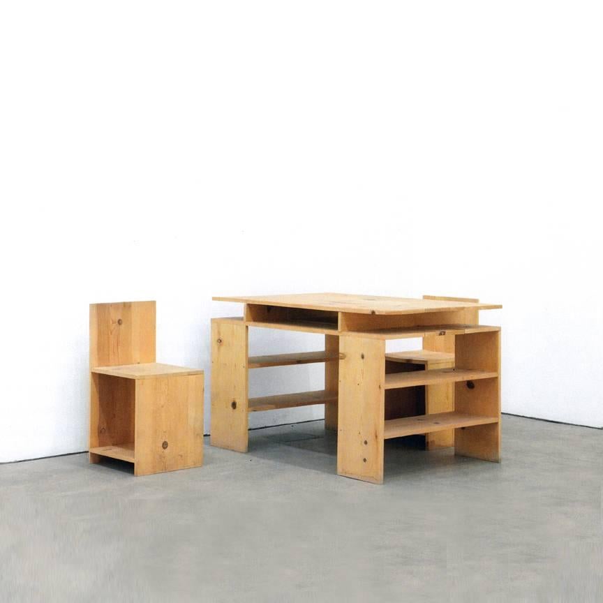The desk set by Donald Judd is an icon of modern art and design. The set includes the desk and two chairs, and is available in a variety of hardwood, plywood and pine. All Judd furniture is custom fabricated upon order and ships from California.