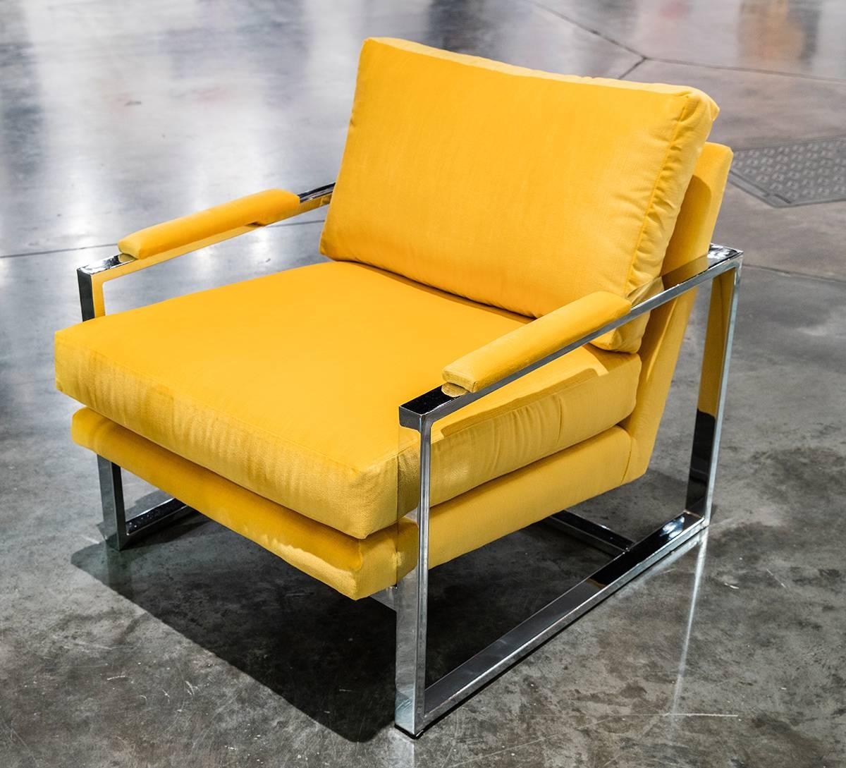 Vintage Milo Baughman armchair in new vibrant yellow upholstery.