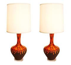 Pair of Tall Orange Drip Glaze Table Lamps