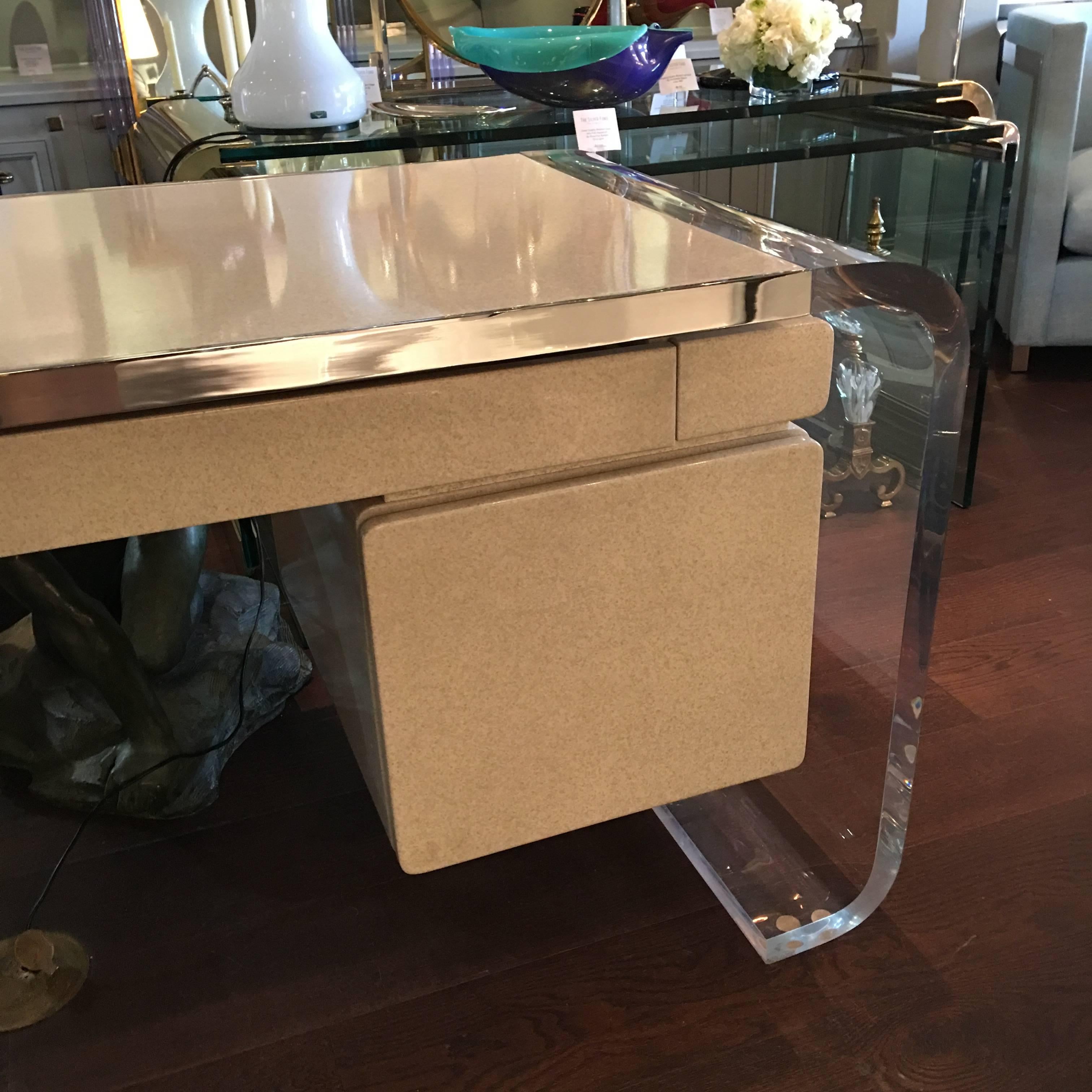 American Lion in Frost Laminate, Polished Chrome and Lucite Desk