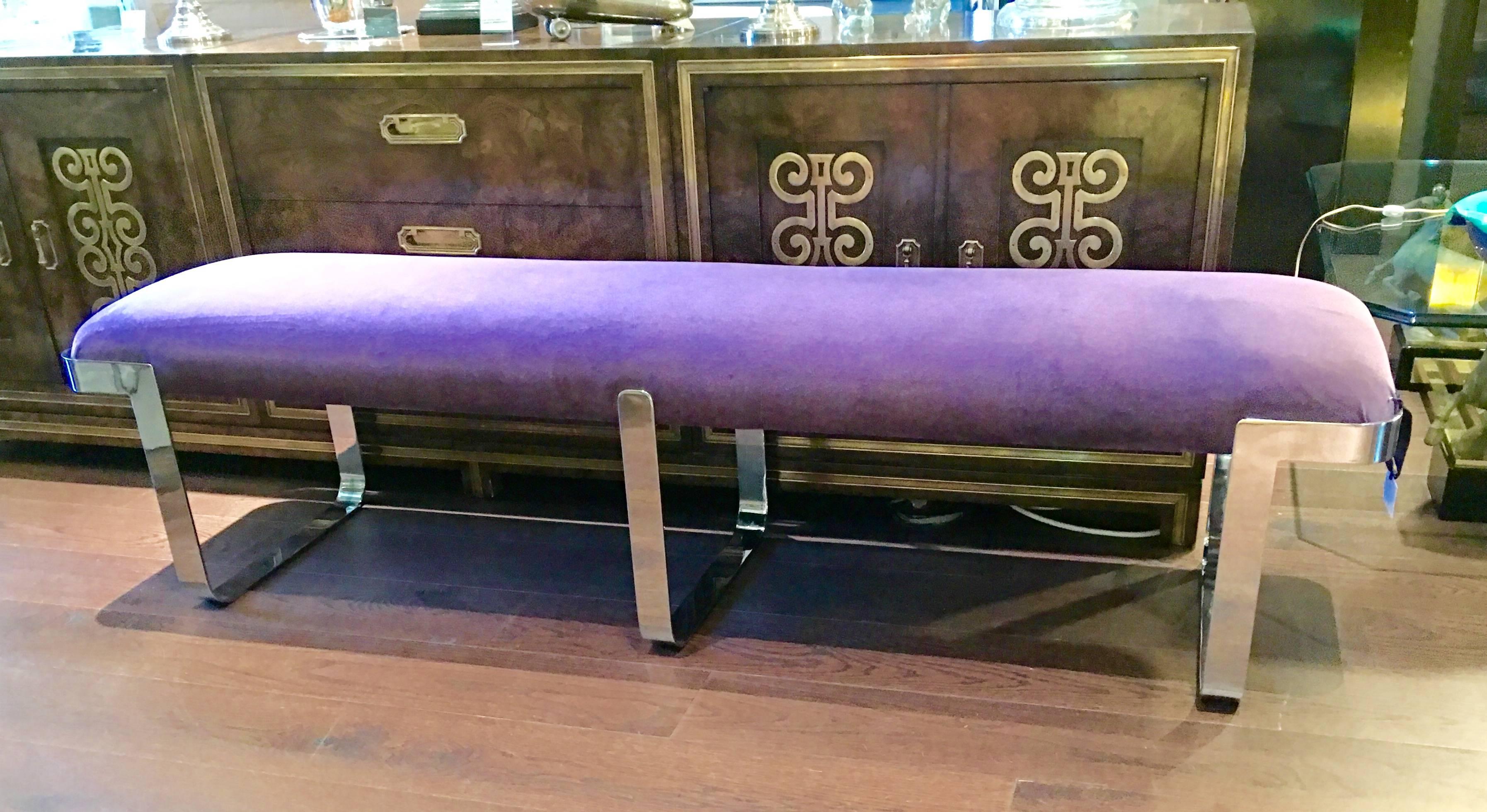 Stylish Milo Baughman chrome bench in beautiful newly upholstered purple fabric.