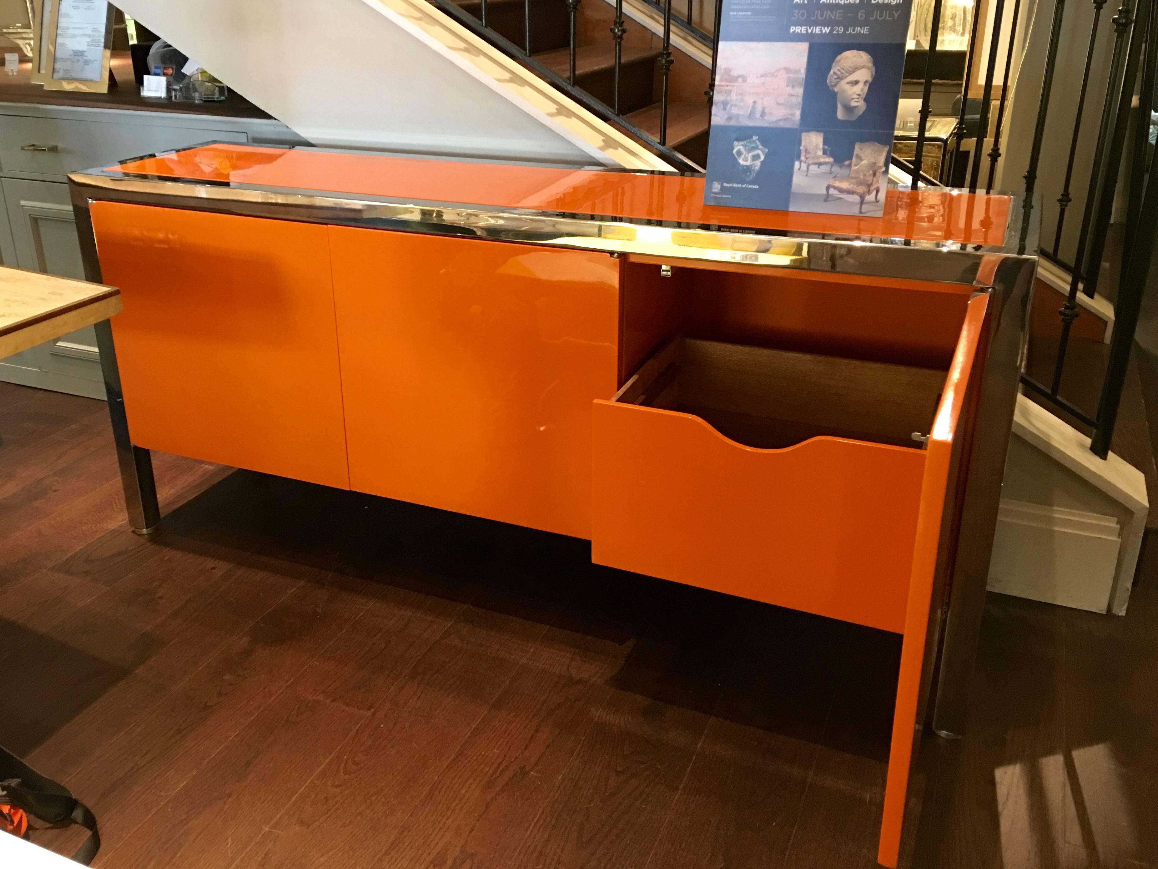 Mid-Century Modern Pace Orange Lacquer Finish and Polished Steel Cabinet