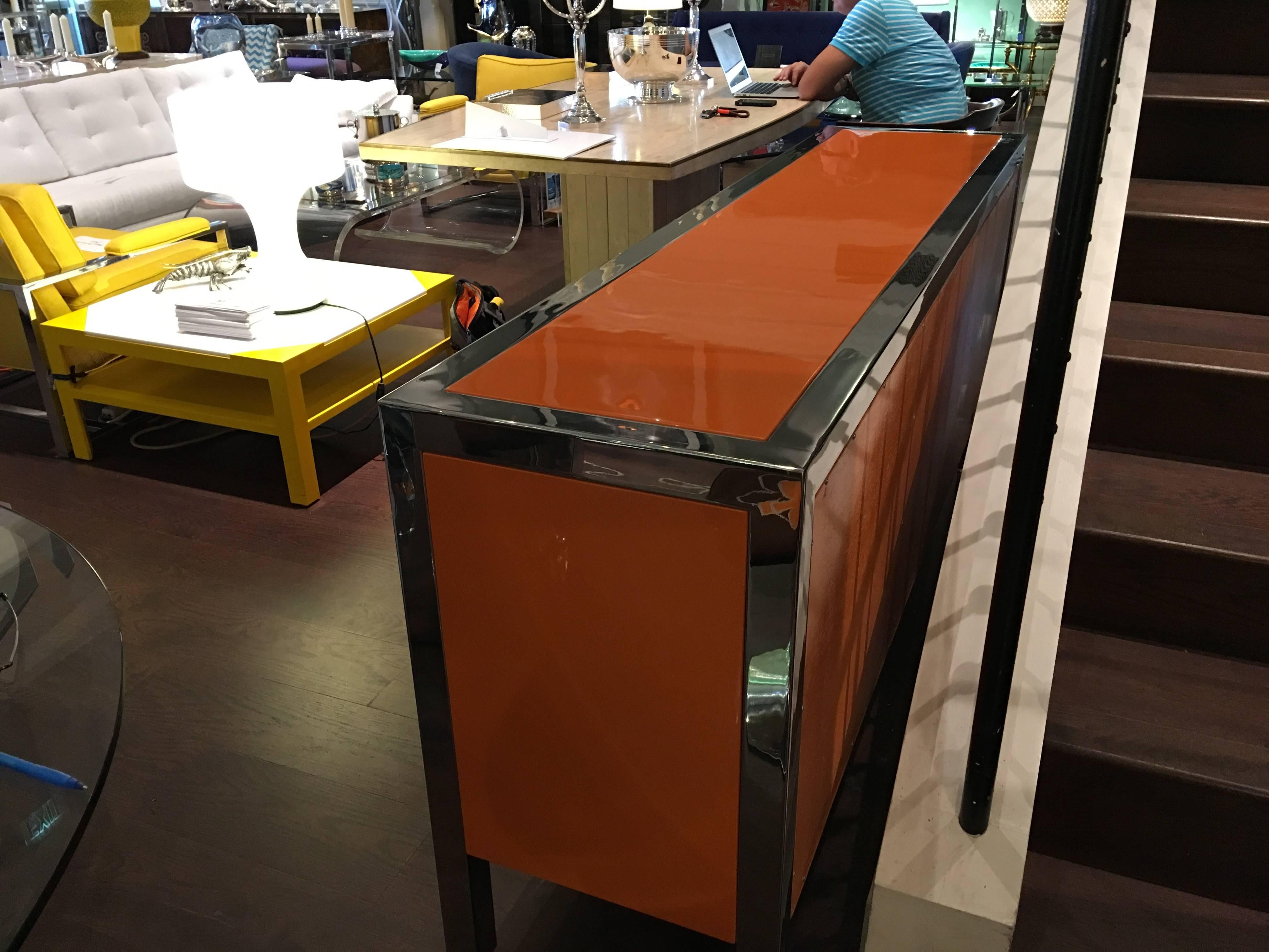 American Pace Orange Lacquer Finish and Polished Steel Cabinet