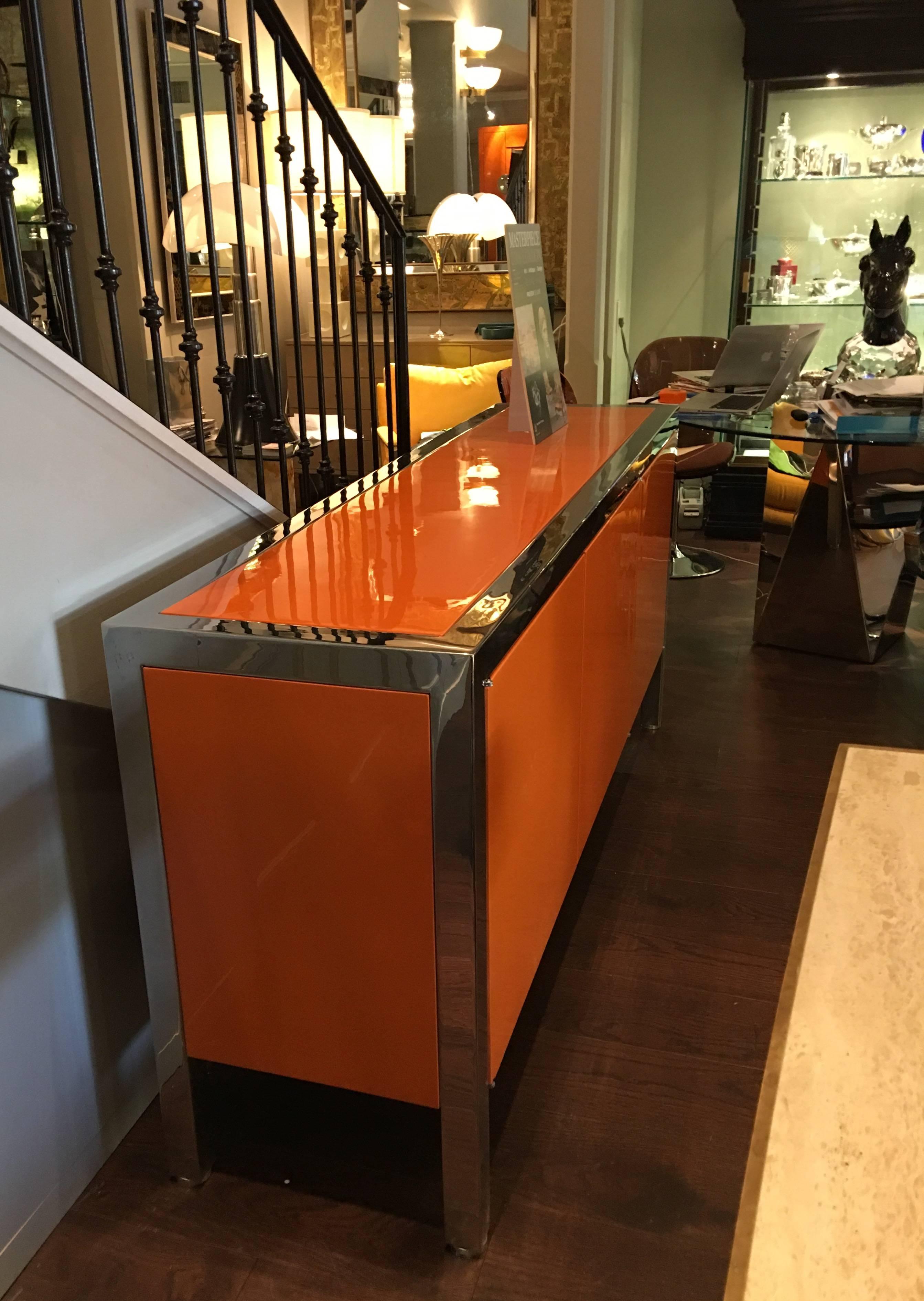 Pace Orange Lacquer Finish and Polished Steel Cabinet In Excellent Condition In Palm Beach, FL