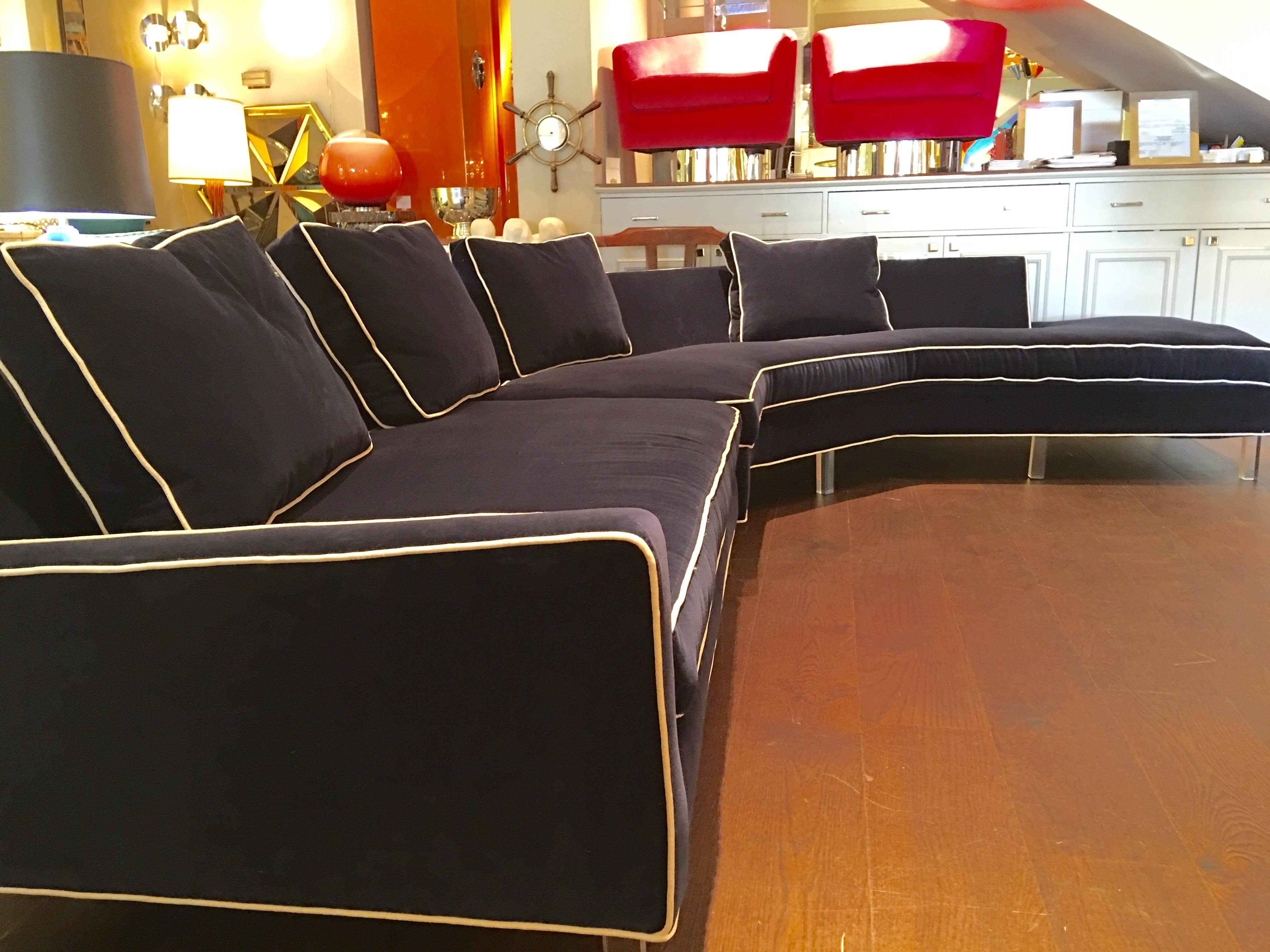 Mid-Century Modern Two-Piece Blue Sectional Sofa with Lucite Legs