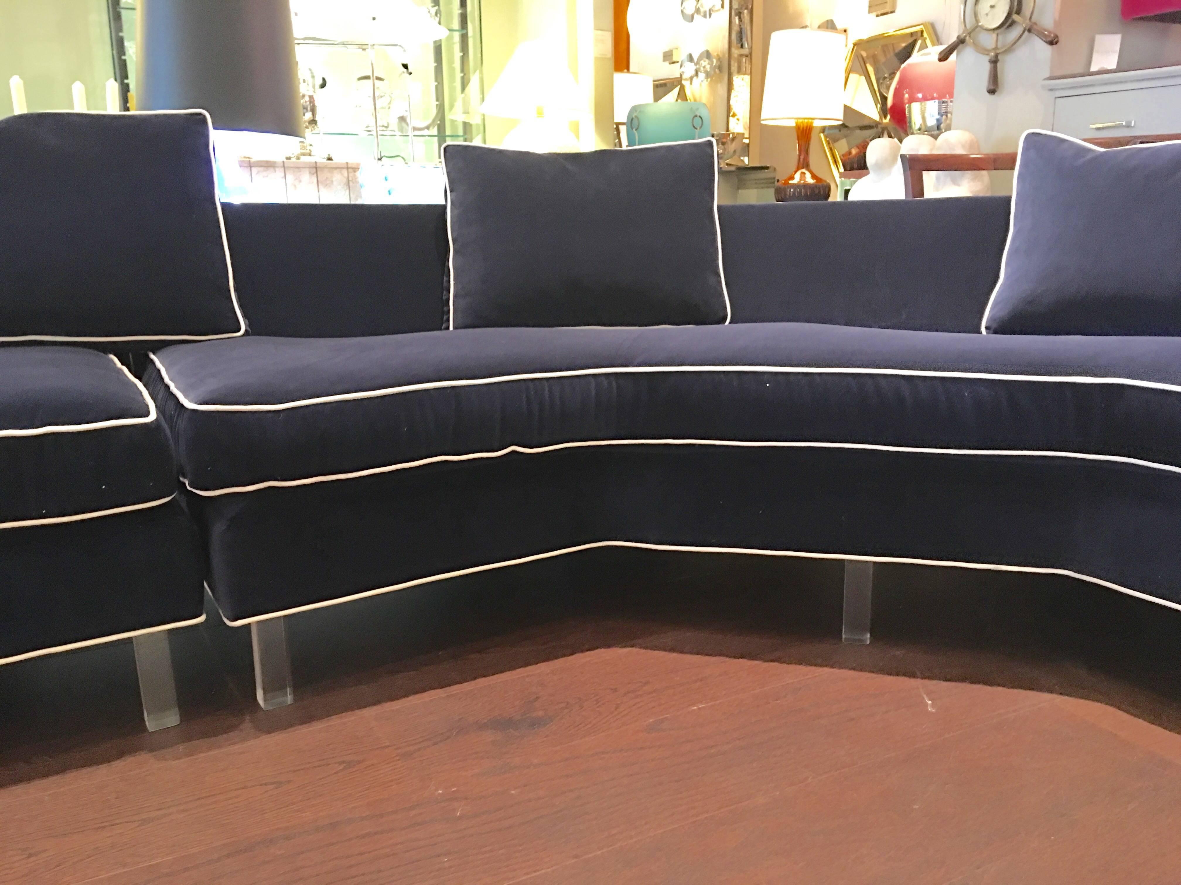 Two-Piece Blue Sectional Sofa with Lucite Legs In Excellent Condition In Palm Beach, FL