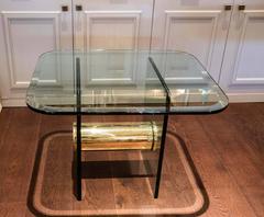 Glass End Table with Gilt Metal Drum in the Style of Karl Springer