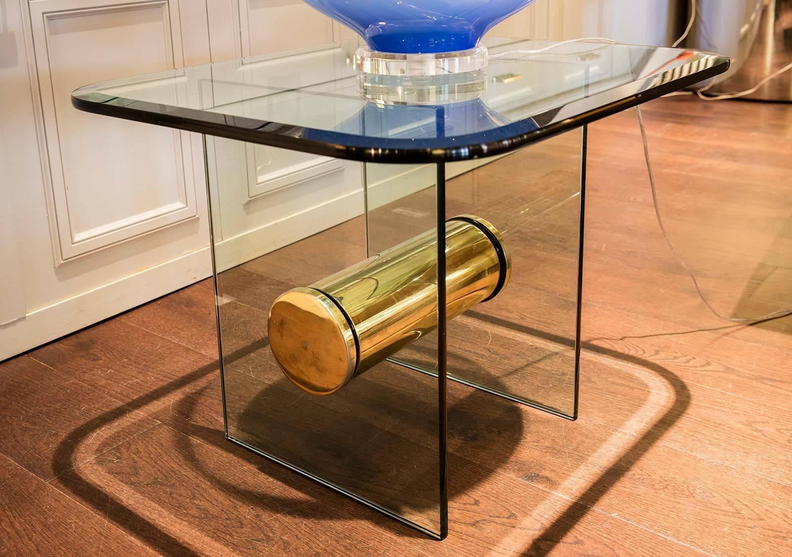 American Glass End Table with Gilt Metal Drum in the Style of Karl Springer