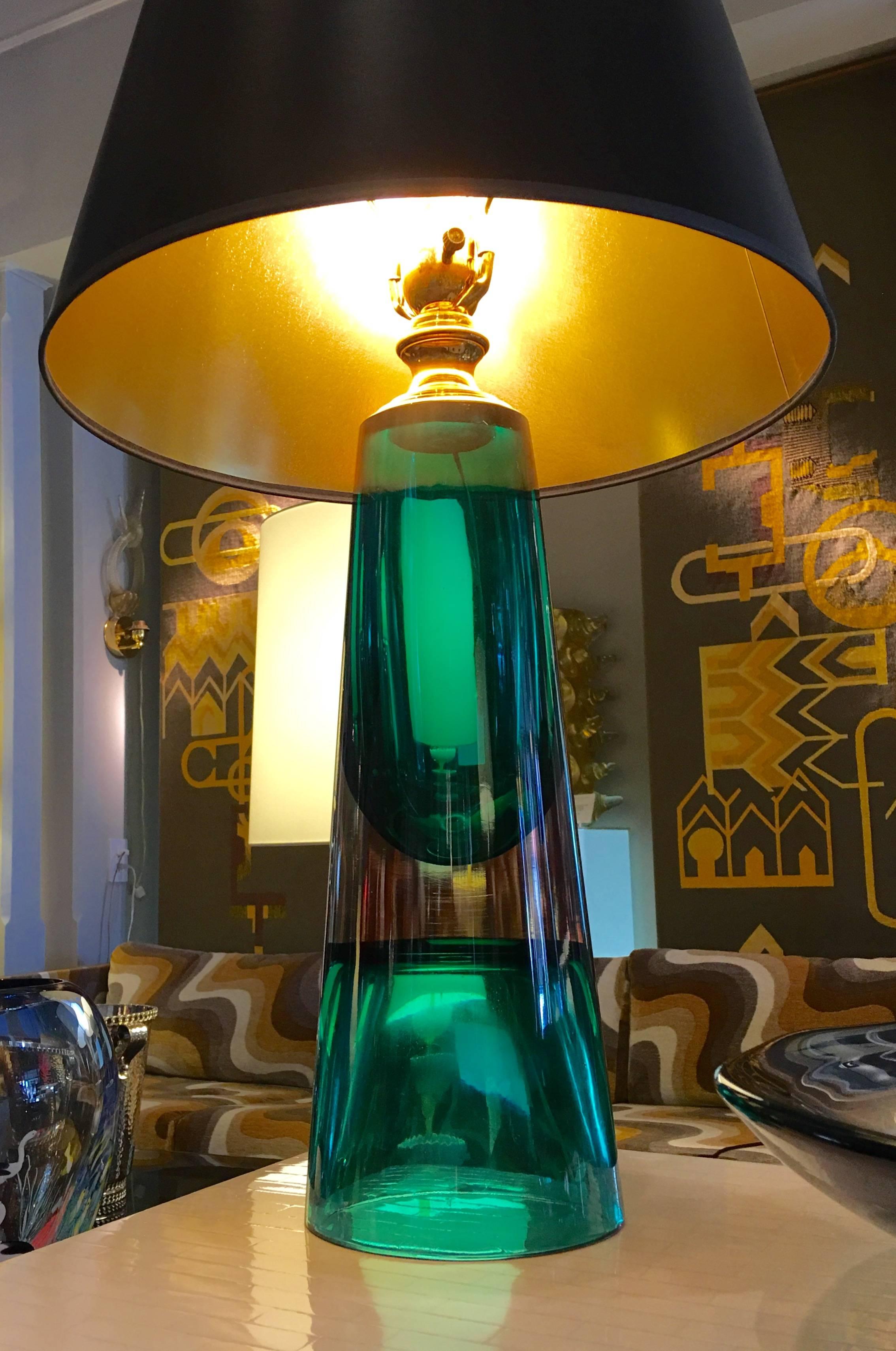 Beautiful teal green Sommerso art glass lamp by Flavio Poli, circa 1950s.