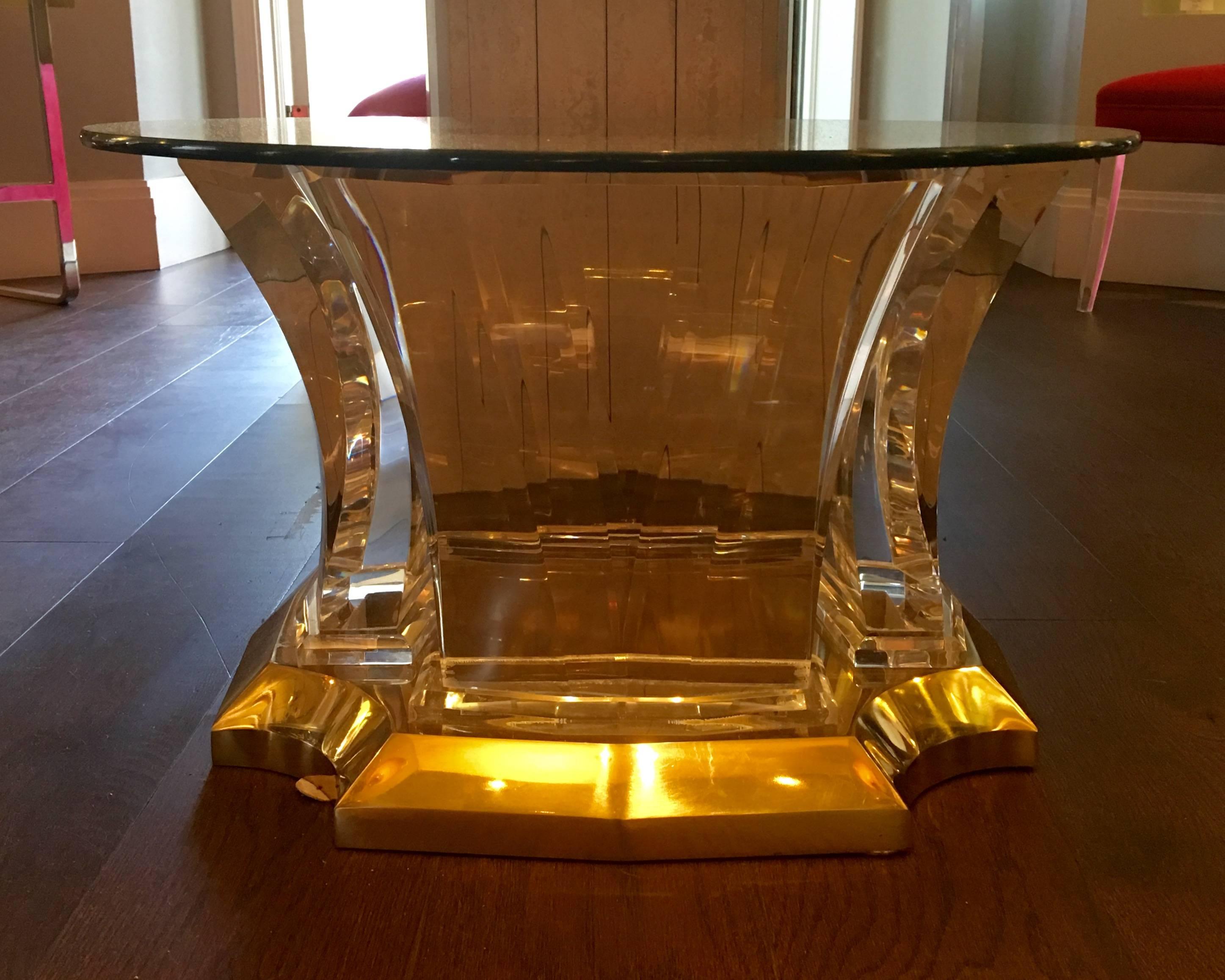 Art Deco inspired Lucite, brass and glass top end table designed by Jeffrey Bigelow.