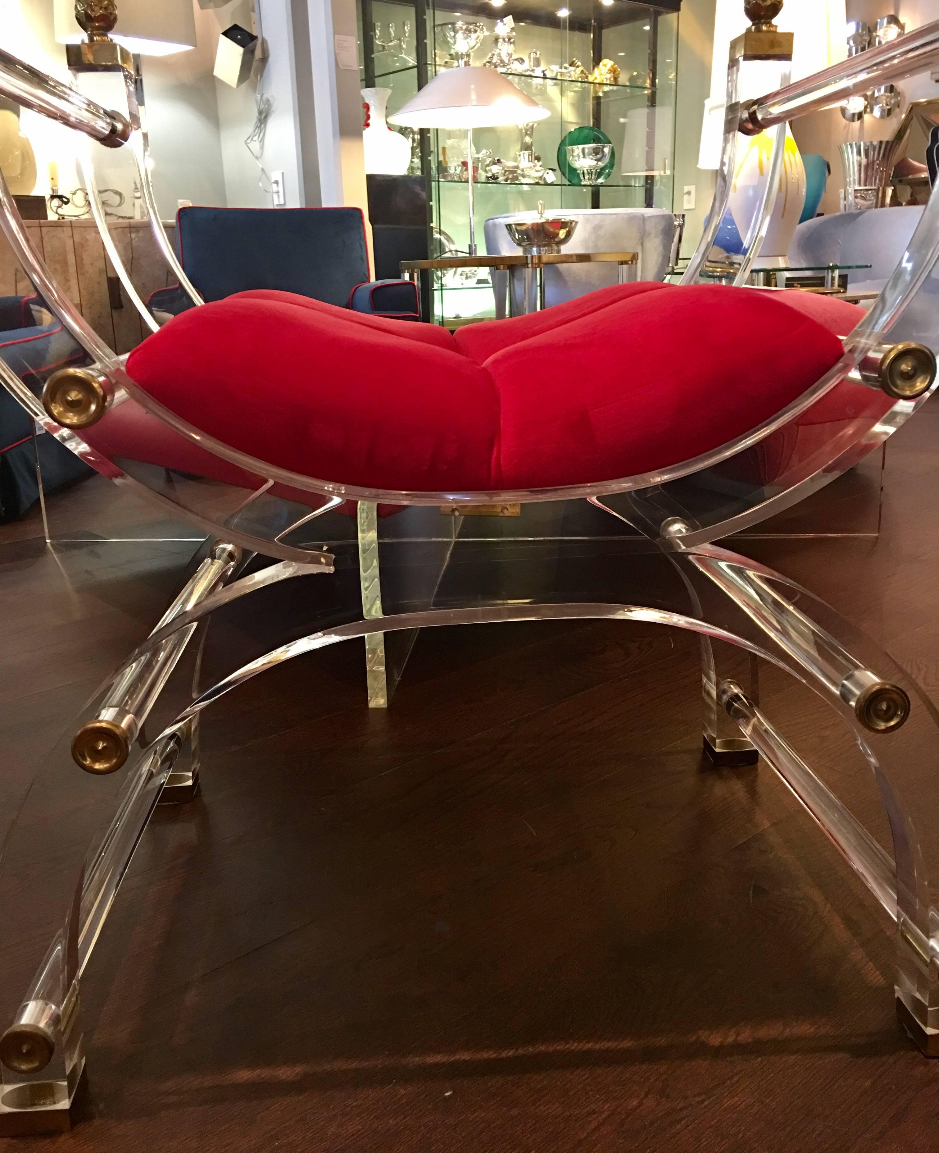 Brass Lucite X Form Throne or Vanity Chair For Sale