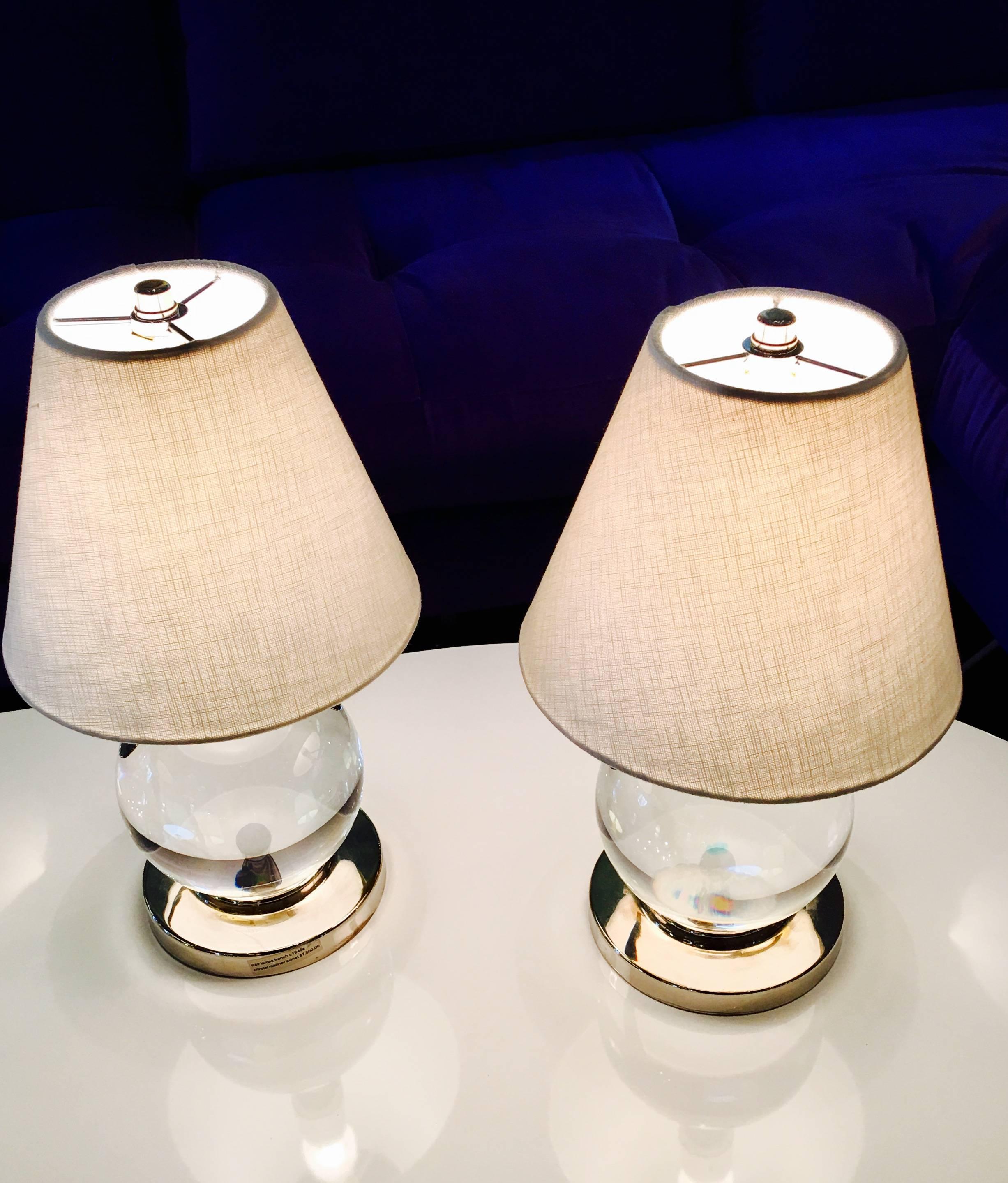 Mid-Century Modern Pair of Crystal Ball Table Lamps in the Style off Jacques Adnet For Sale