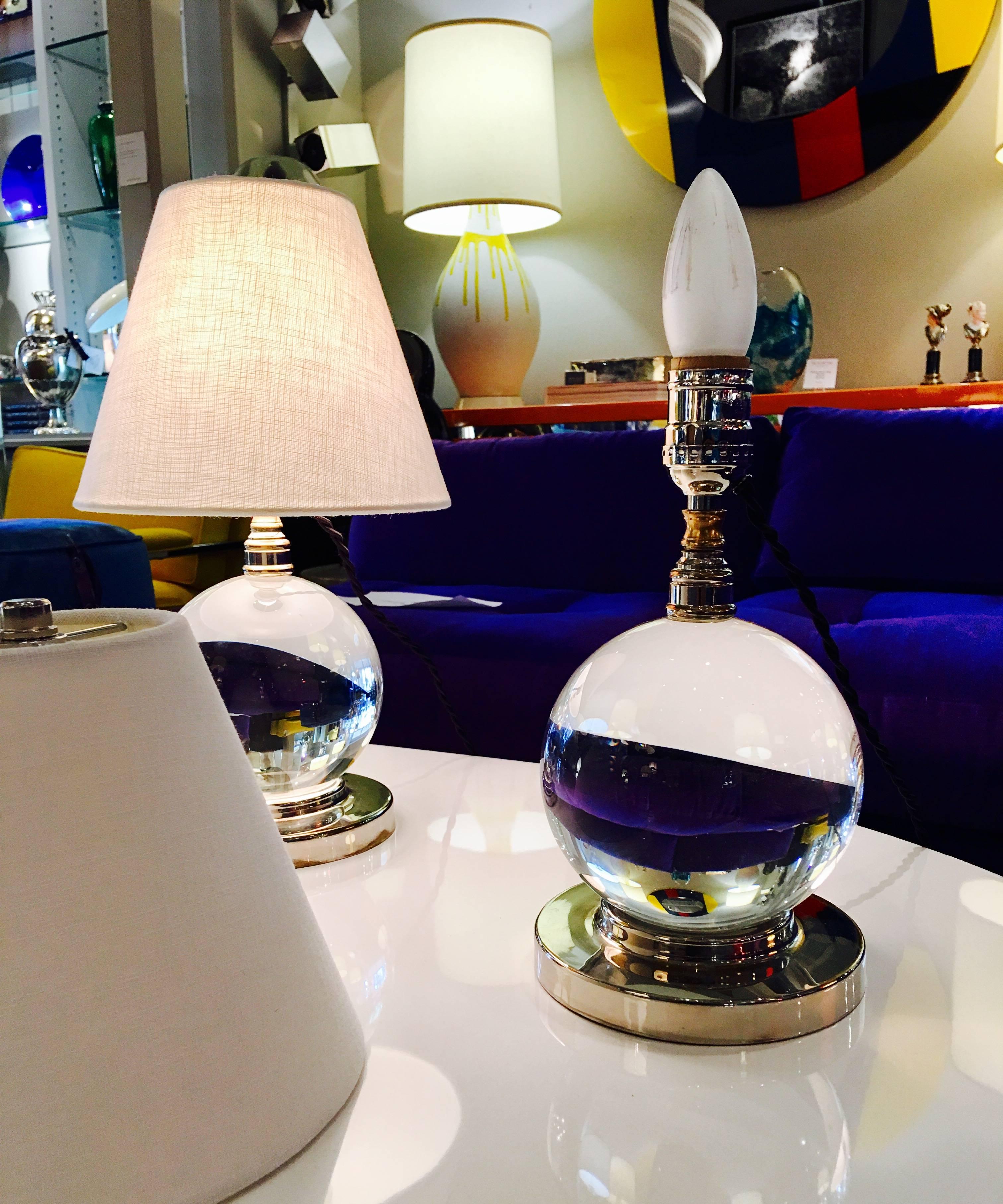 French Pair of Crystal Ball Table Lamps in the Style off Jacques Adnet For Sale