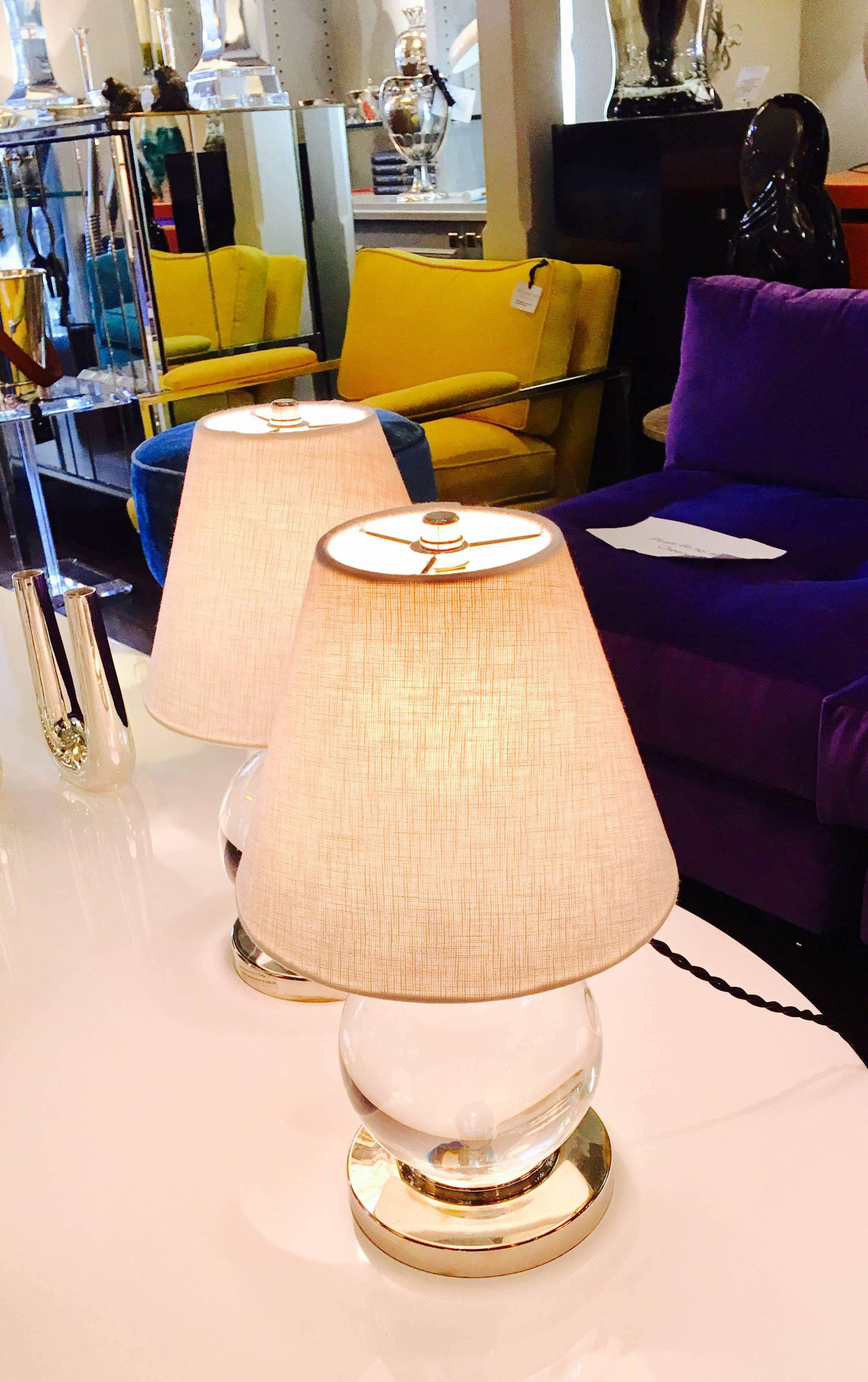 Pair of Crystal Ball Table Lamps in the Style off Jacques Adnet In Good Condition For Sale In Palm Beach, FL