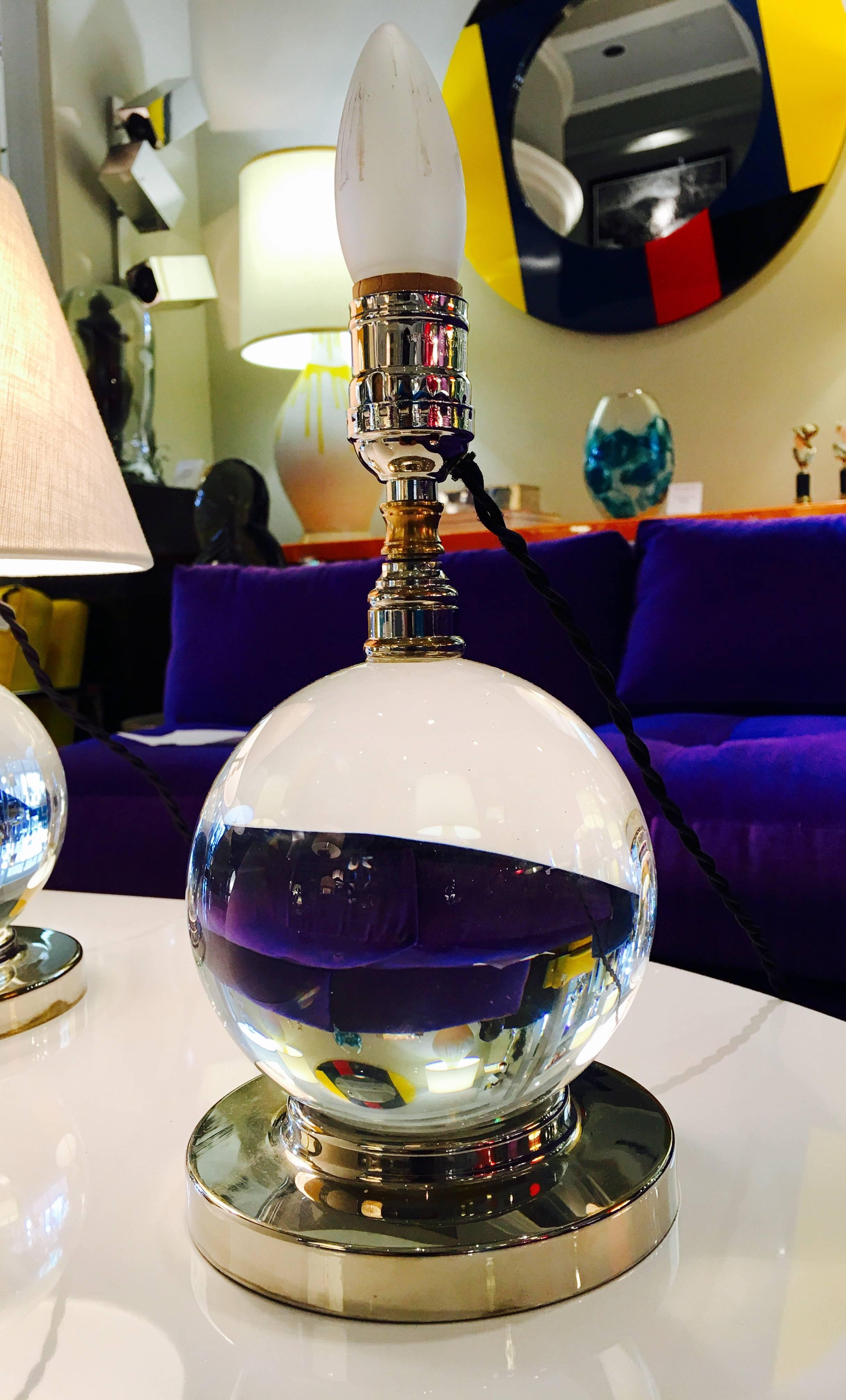 Mid-20th Century Pair of Crystal Ball Table Lamps in the Style off Jacques Adnet For Sale