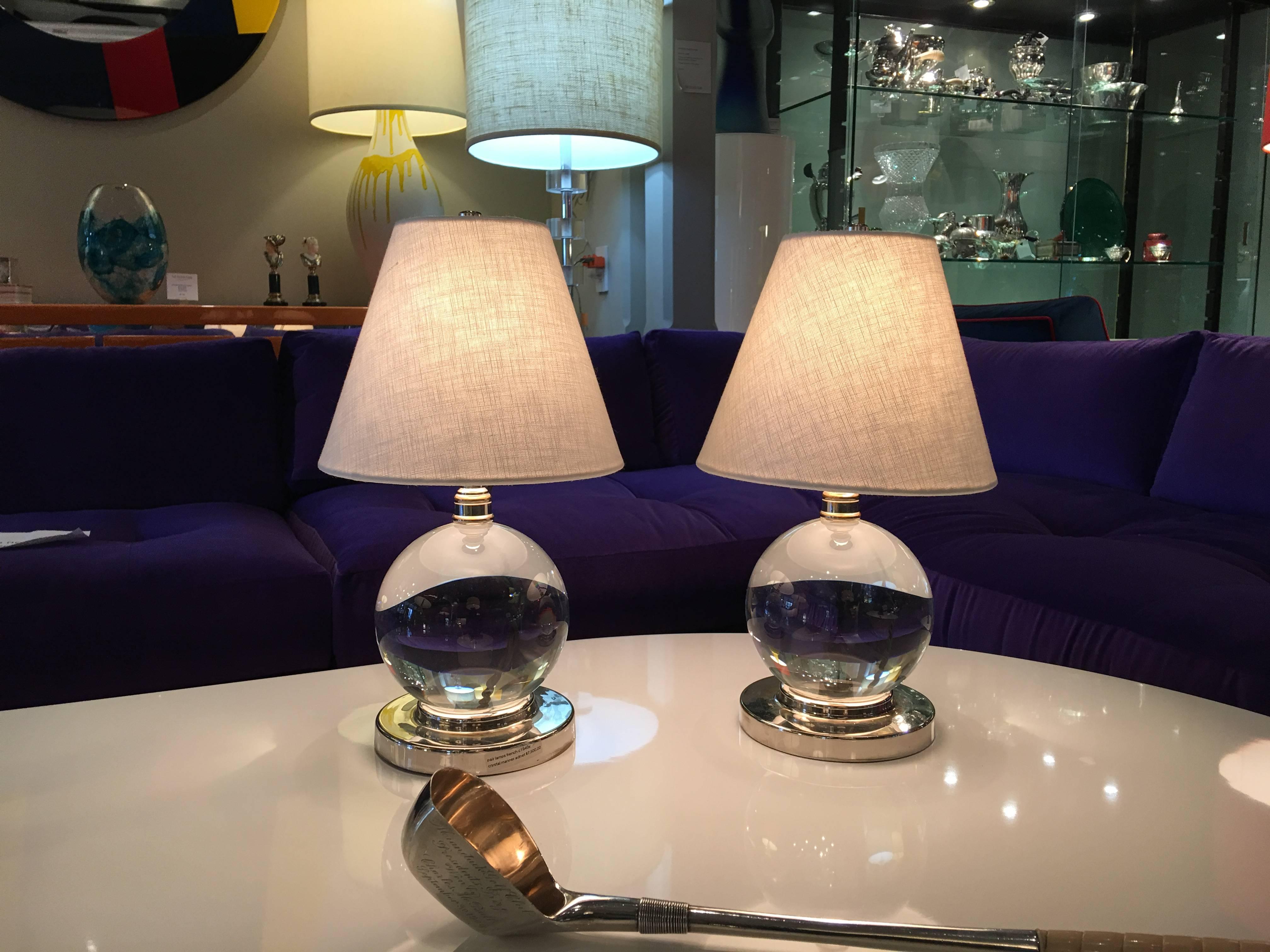 Nickel Pair of Crystal Ball Table Lamps in the Style off Jacques Adnet For Sale