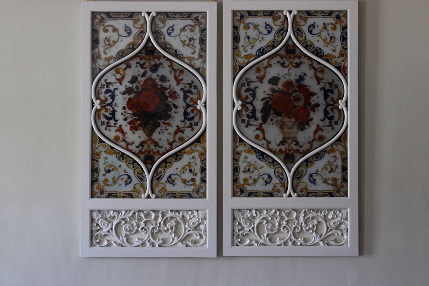 Hand-Painted Pair of 19th Century Italian Painted Glass Panels