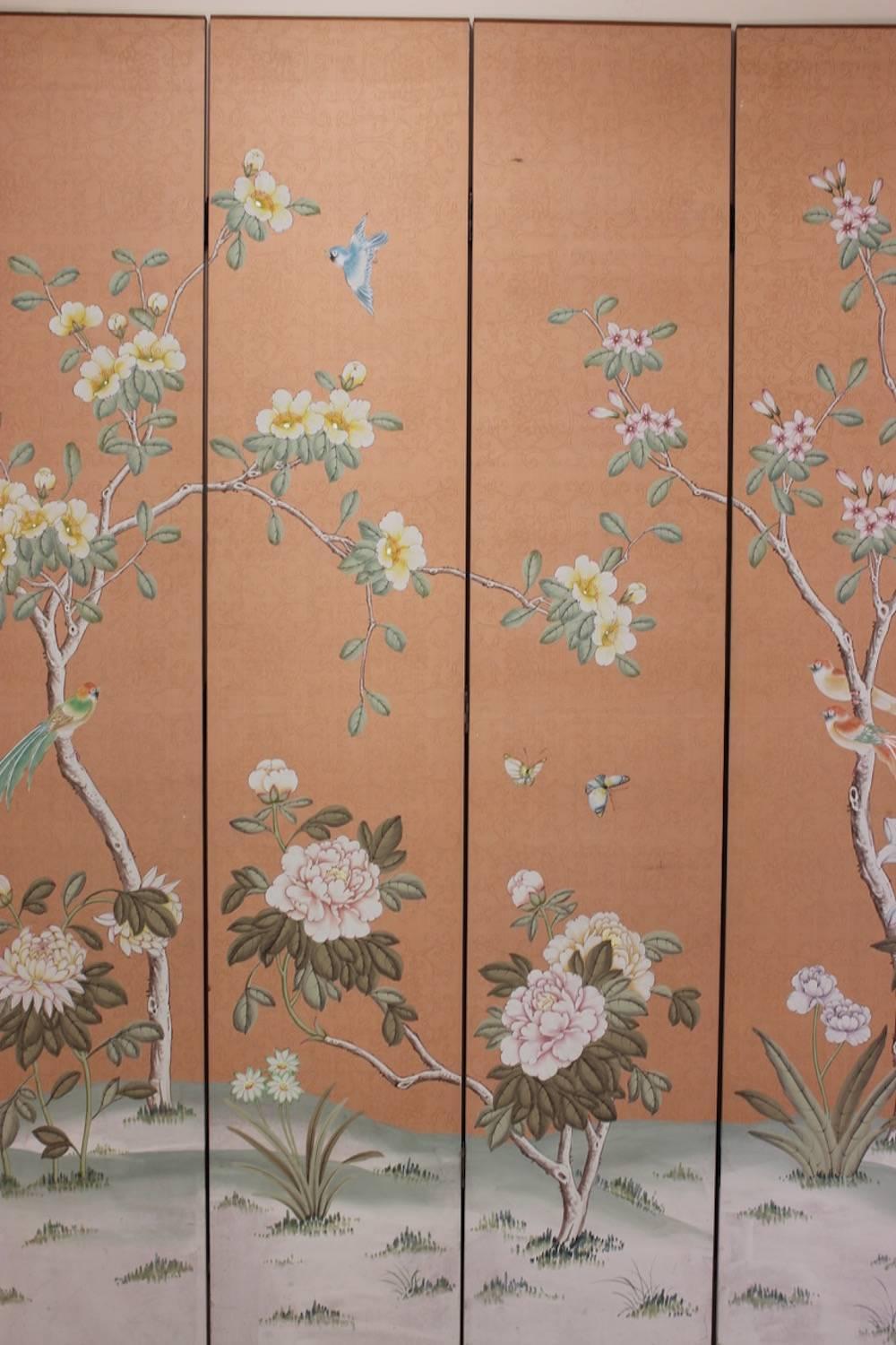 A fine quality hand-painted chinoiserie-decorated six-fold screen in the 18th century style, American, second half of the 20th century (each panel measures 39.5cm wide).