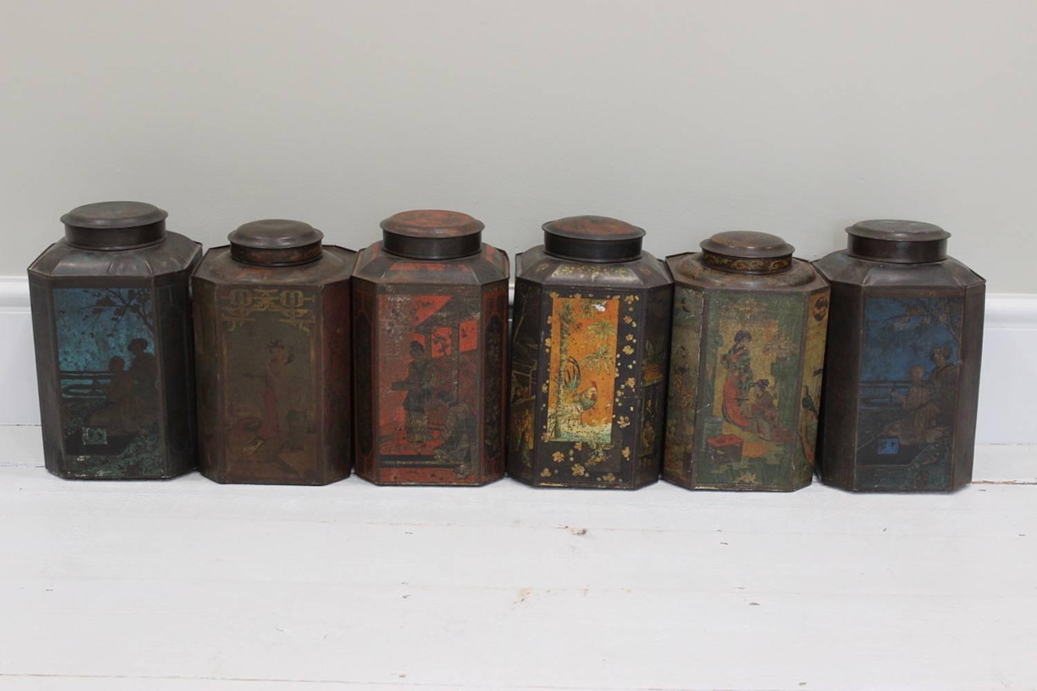 An interesting and original set of seven tole tea canisters with huge decorative potential, with maker's marks: Wed J Beakers & Zoon, Dordrecht. Dutch, early 20th century.