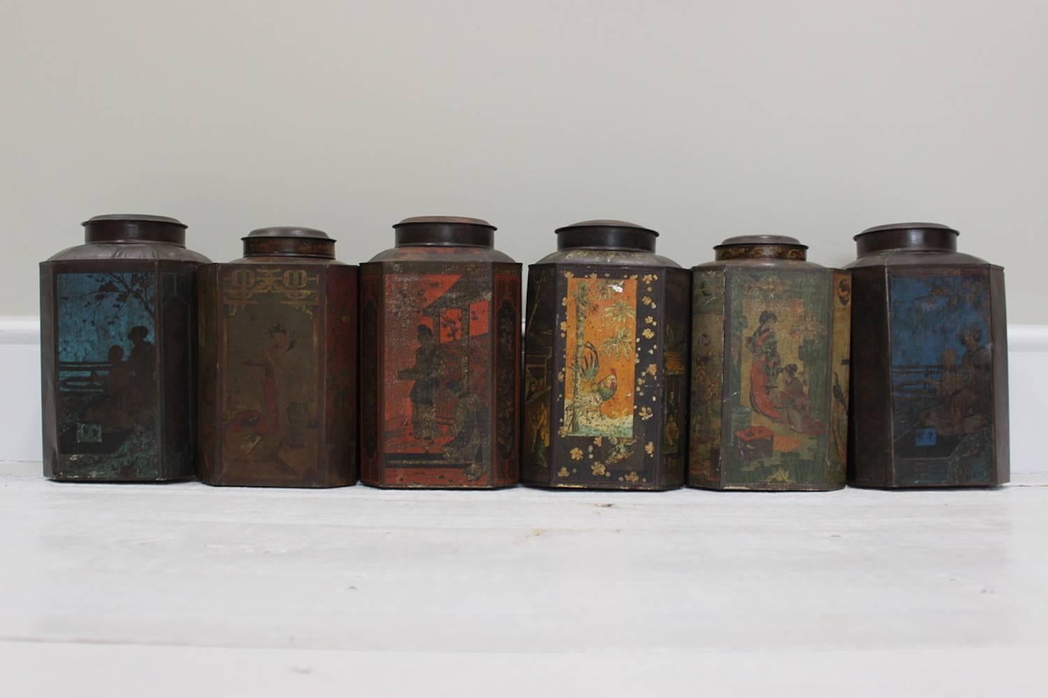 Painted Set of Seven Early 20th Century Dutch Tea Canisters