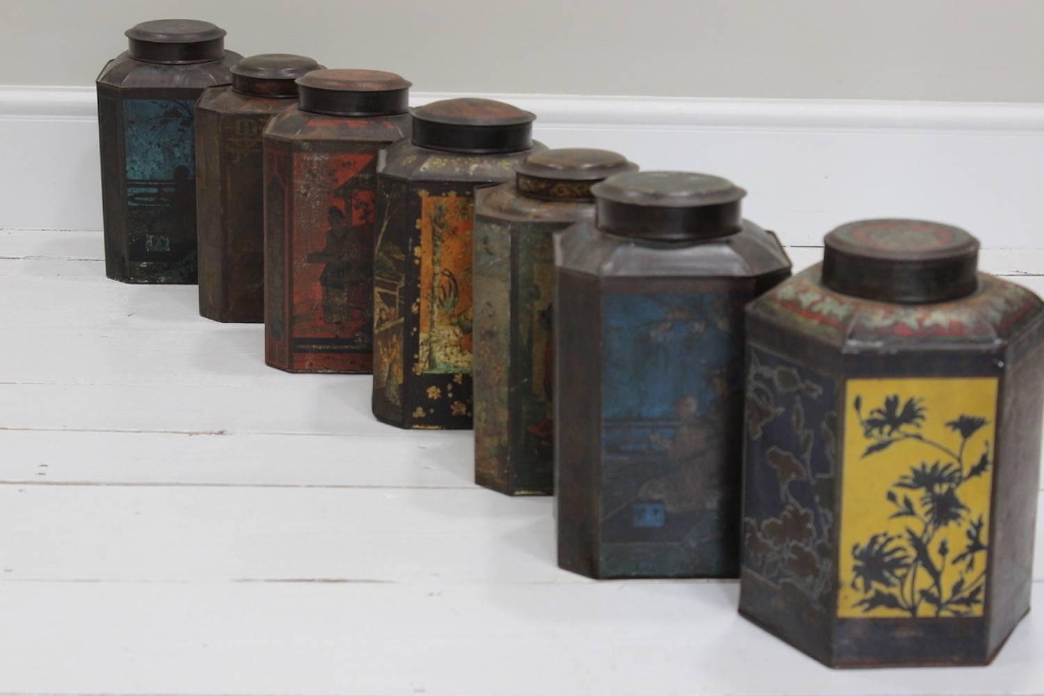 Tôle Set of Seven Early 20th Century Dutch Tea Canisters