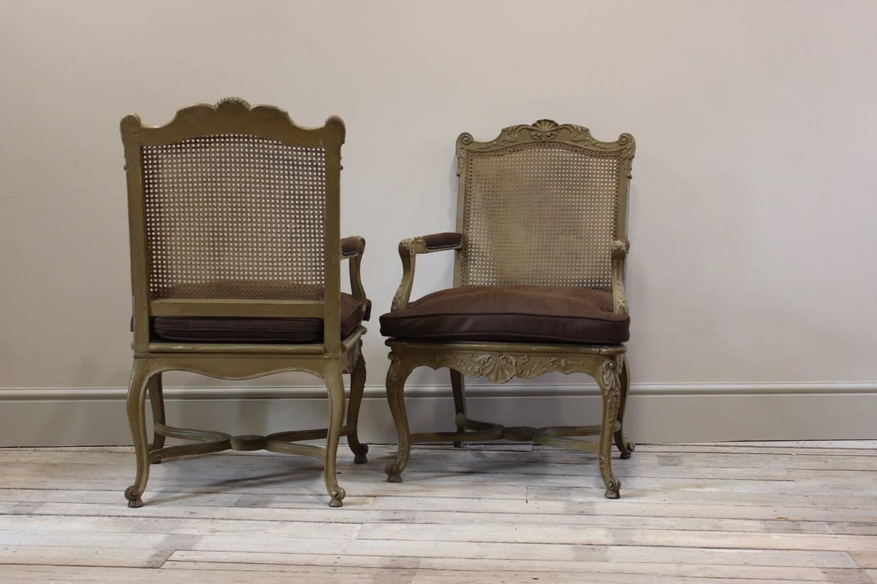 French Pair of Louis XV Style Painted Armchairs