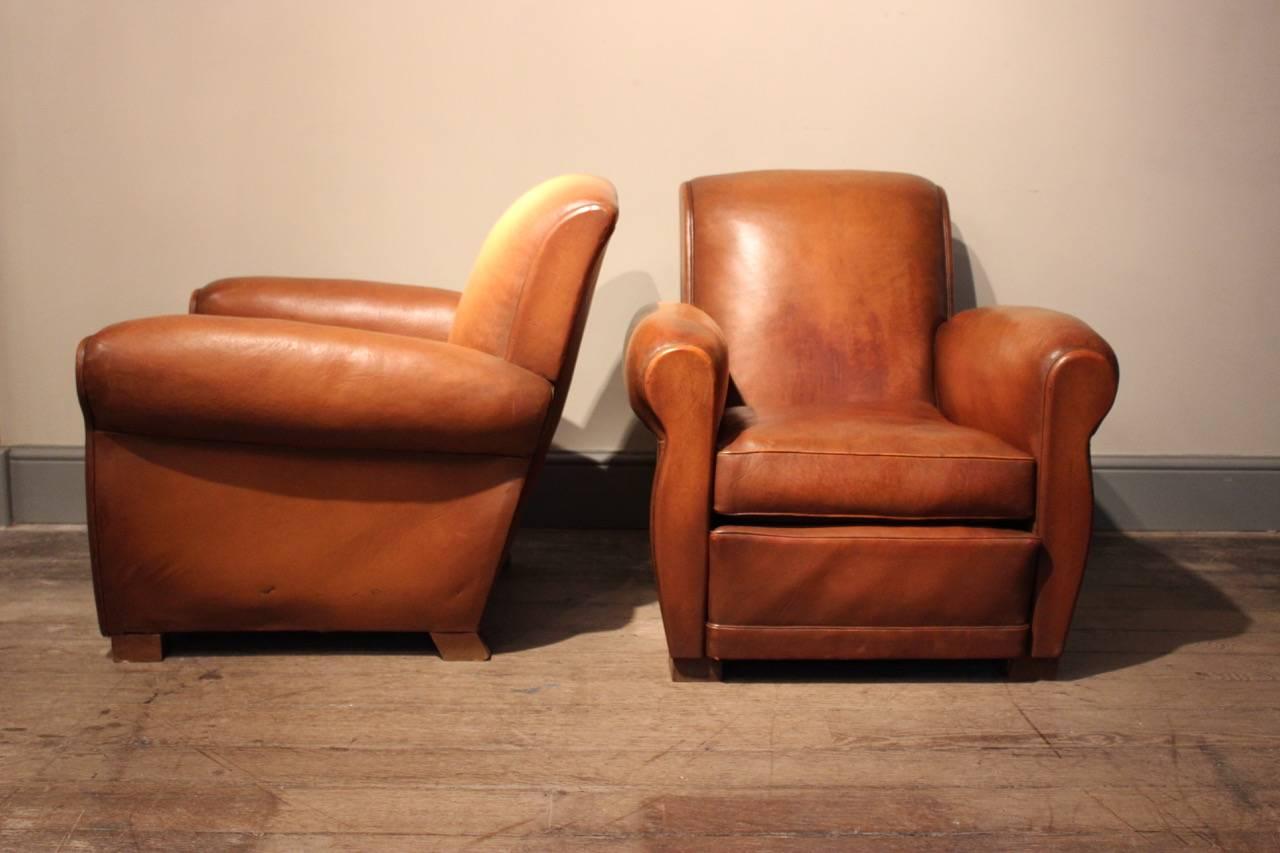 Art Deco Classic Pair of 1950s French Leather Club Chairs