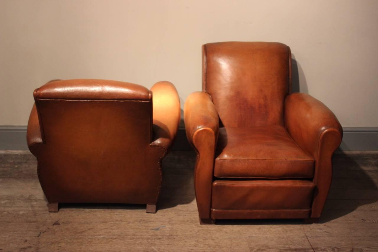Classic Pair of 1950s French Leather Club Chairs In Good Condition In Gloucestershire, GB